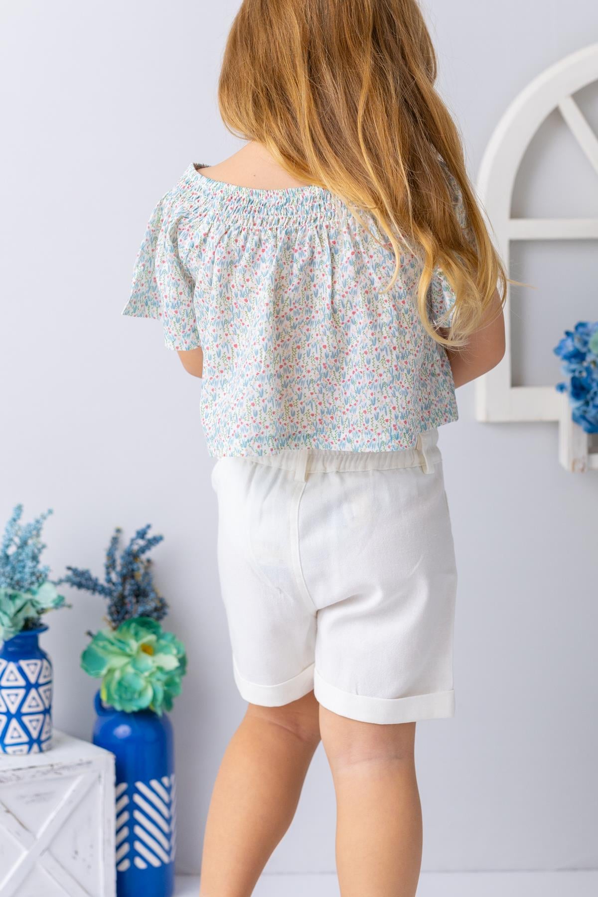 Kız Çocuk Çiçek Desenli Crop Bluz - Desenli