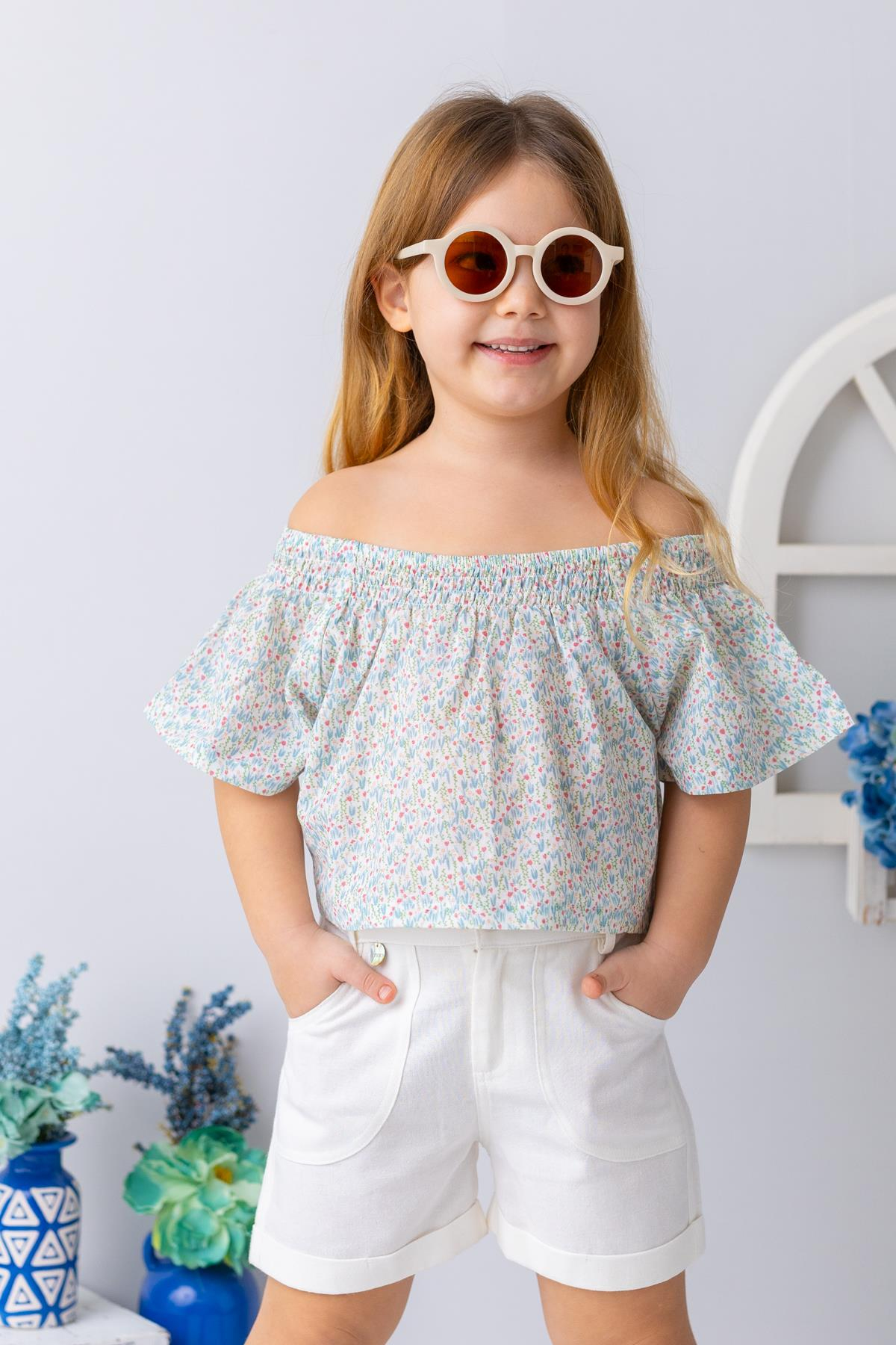 Kız Çocuk Çiçek Desenli Crop Bluz - Desenli