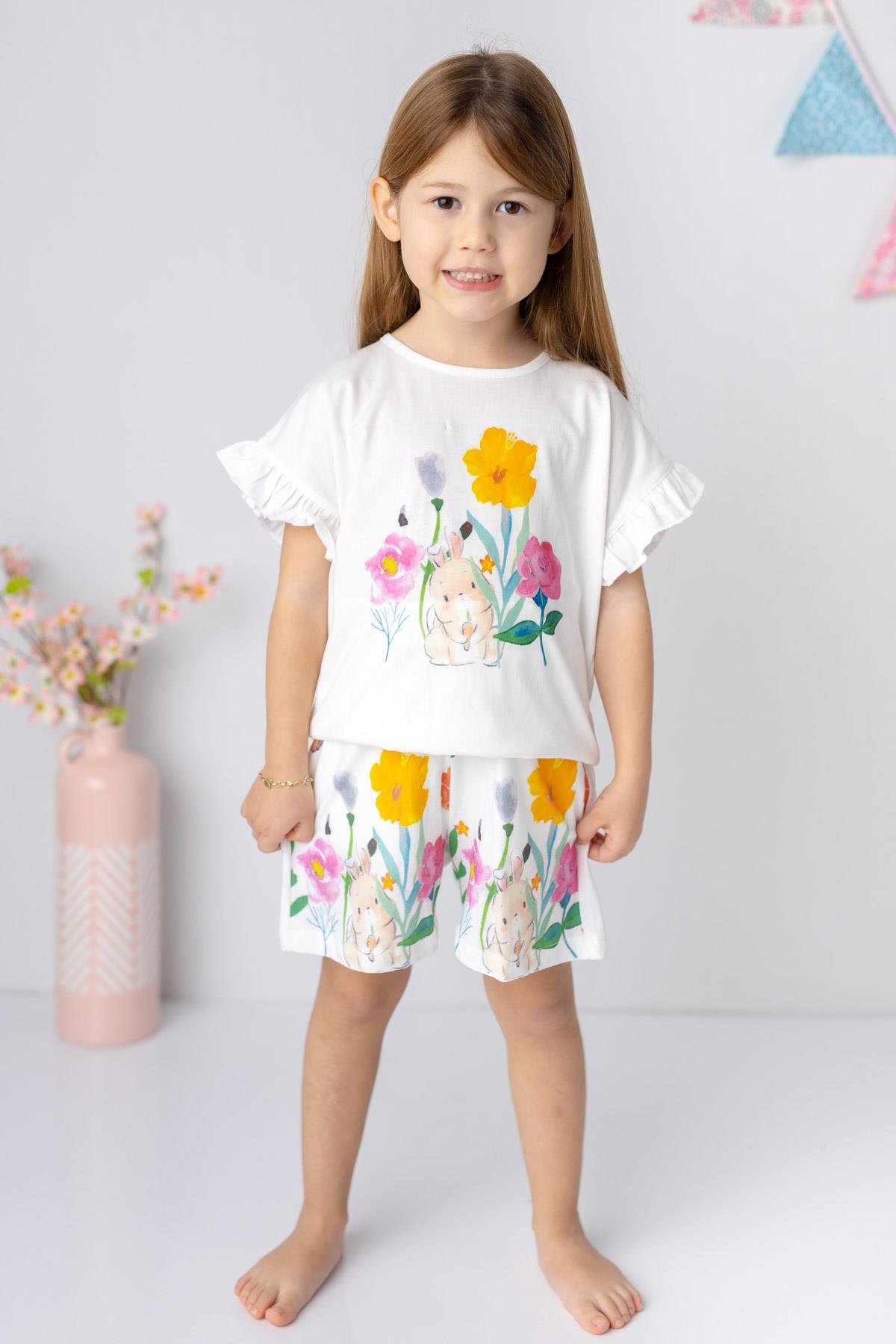 KIZ COCUK CICEK DESENLI SORT/T-SHIRT TAKIM