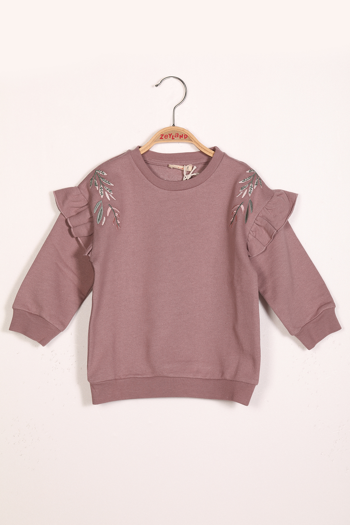 Kiz Cocuk CiCek Nakisli Firfirli Pembe Sweatshirt 2Y-7Y