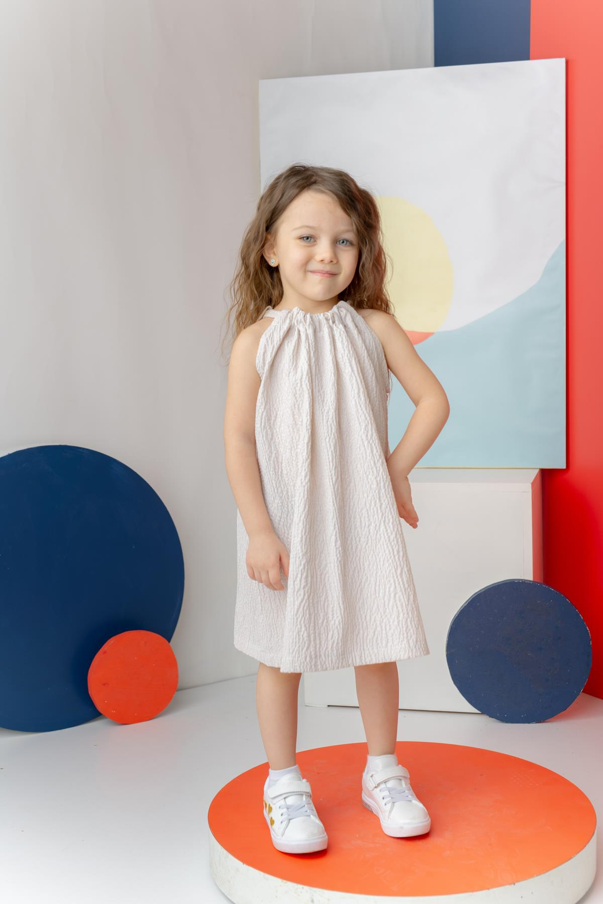 Kız Çocuk Çizgili Arkası Fiyonklu Gofre Elbise - Taş Çizgili