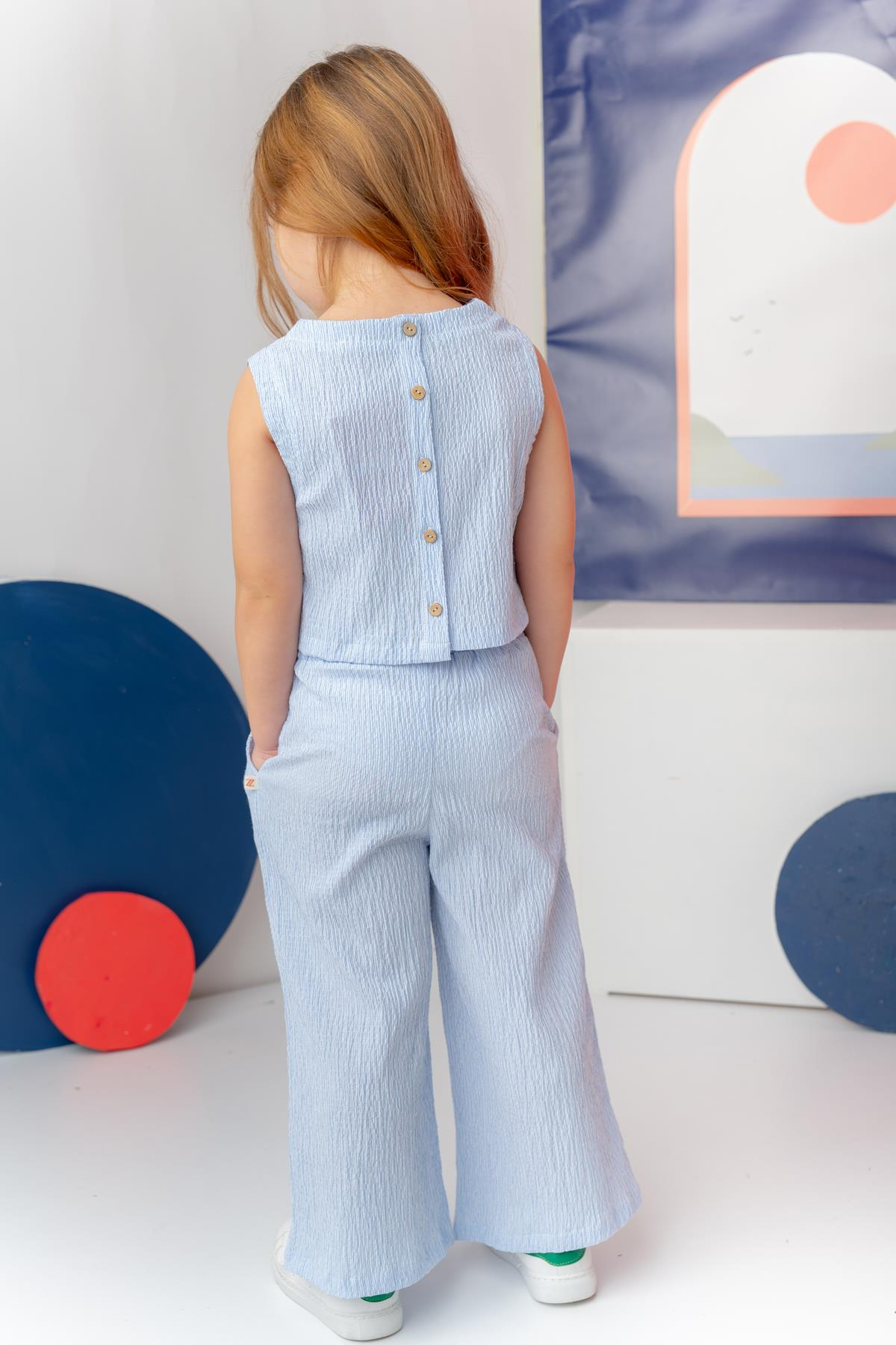 Kız Çocuk Çizgili Bluz Pantalon Takım - Mavi Çizgili