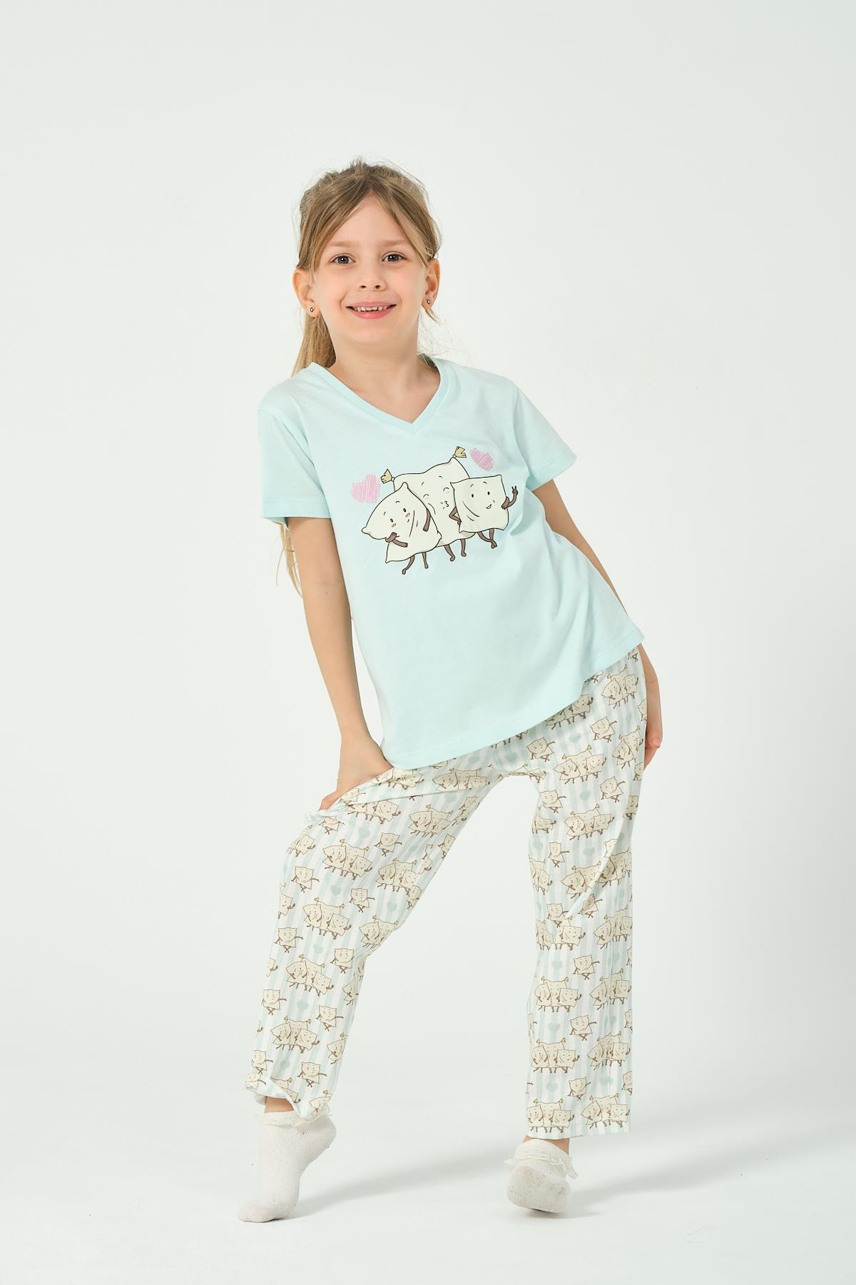 KIZ COCUK CIZGILI DESENLI KISA KOLLU PIJAMA TAKIMI