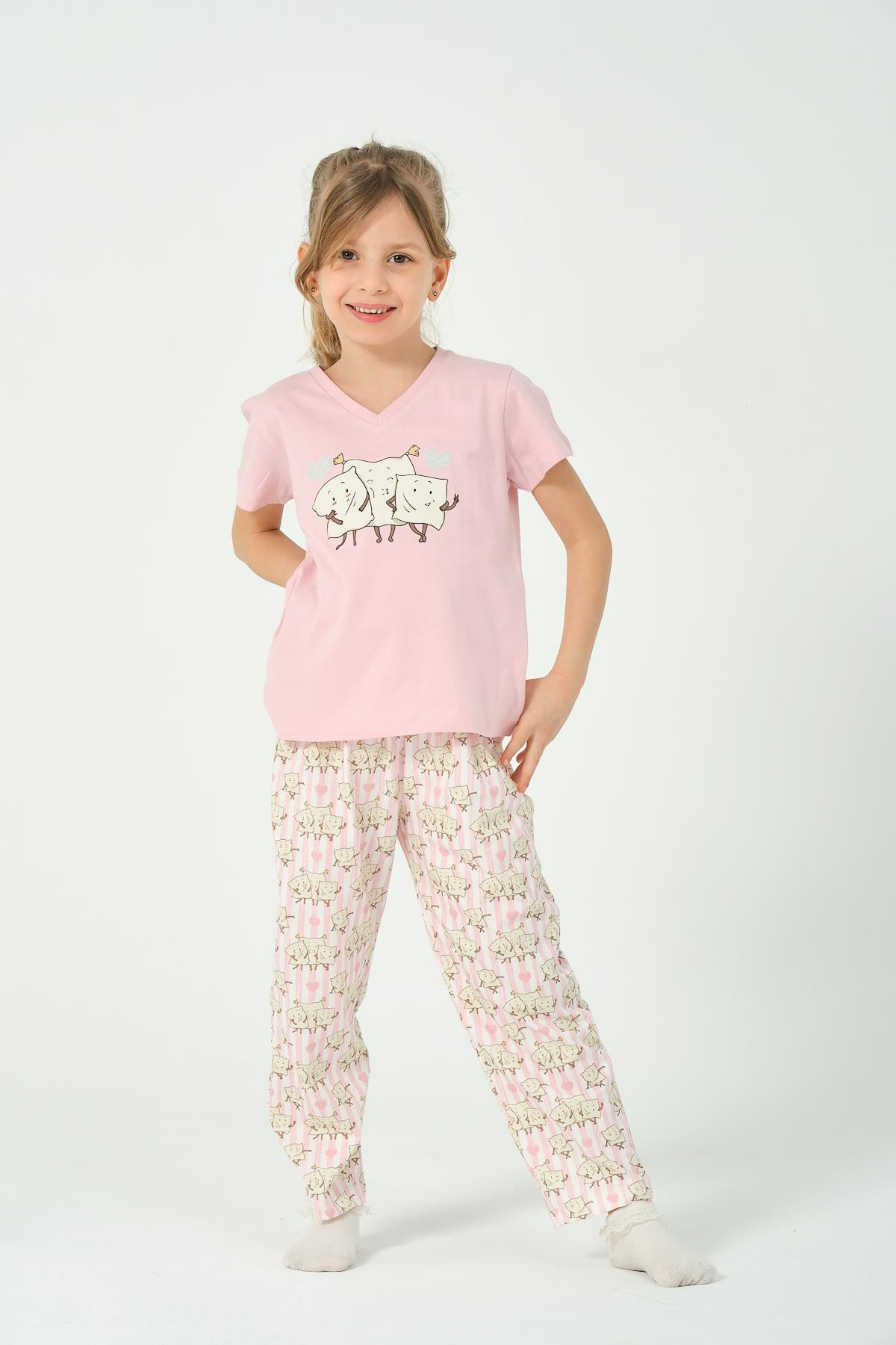 KIZ COCUK CIZGILI DESENLI KISA KOLLU PIJAMA TAKIMI