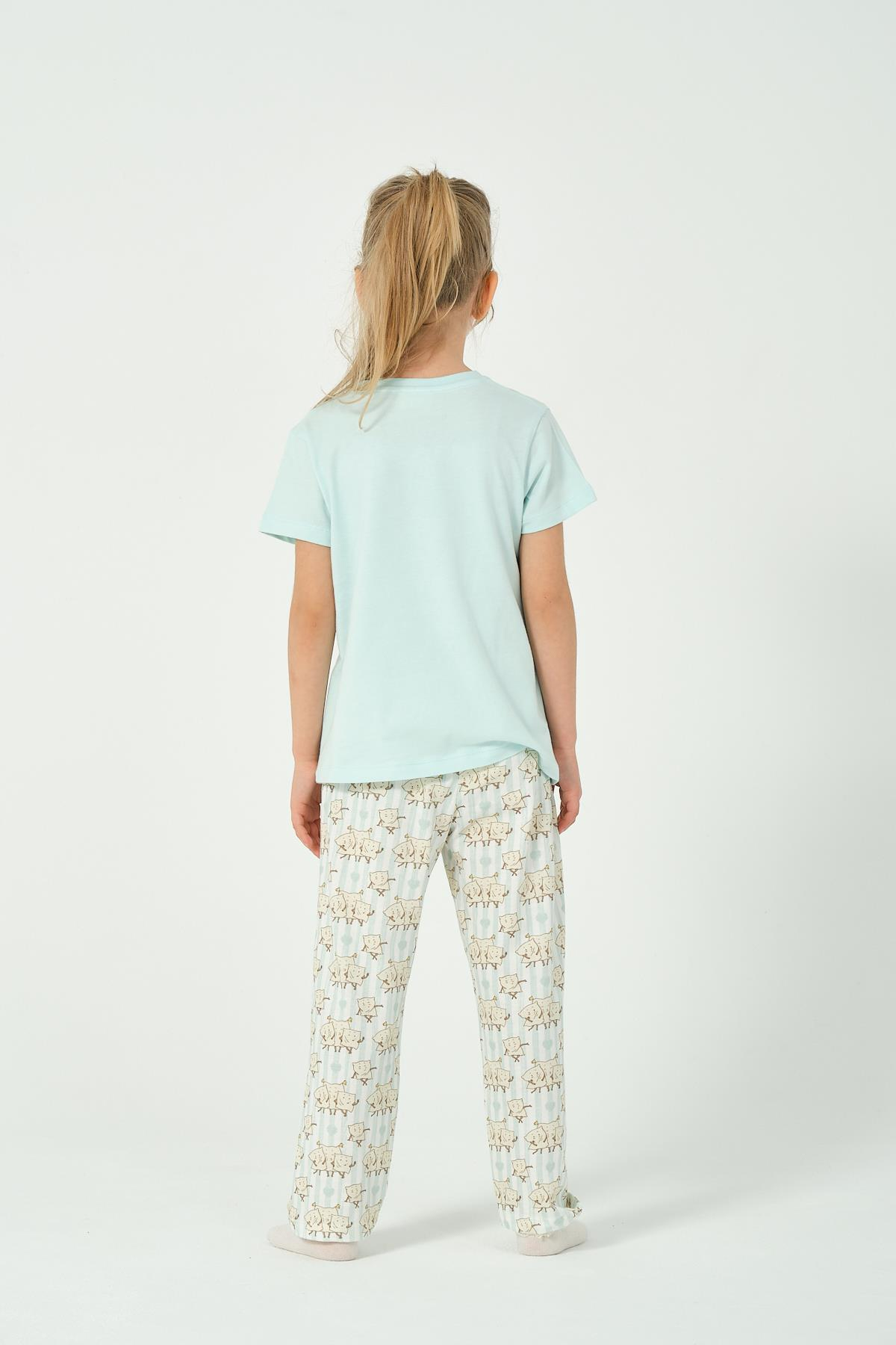 KIZ COCUK CIZGILI DESENLI KISA KOLLU PIJAMA TAKIMI