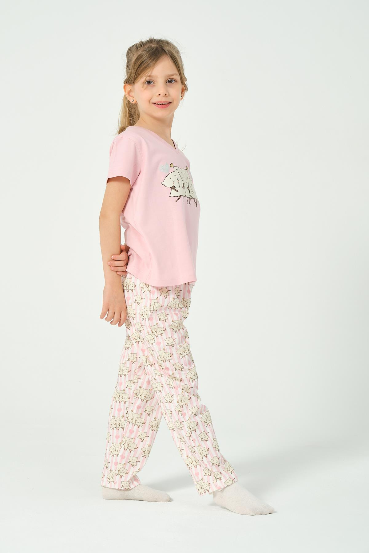 KIZ COCUK CIZGILI DESENLI KISA KOLLU PIJAMA TAKIMI