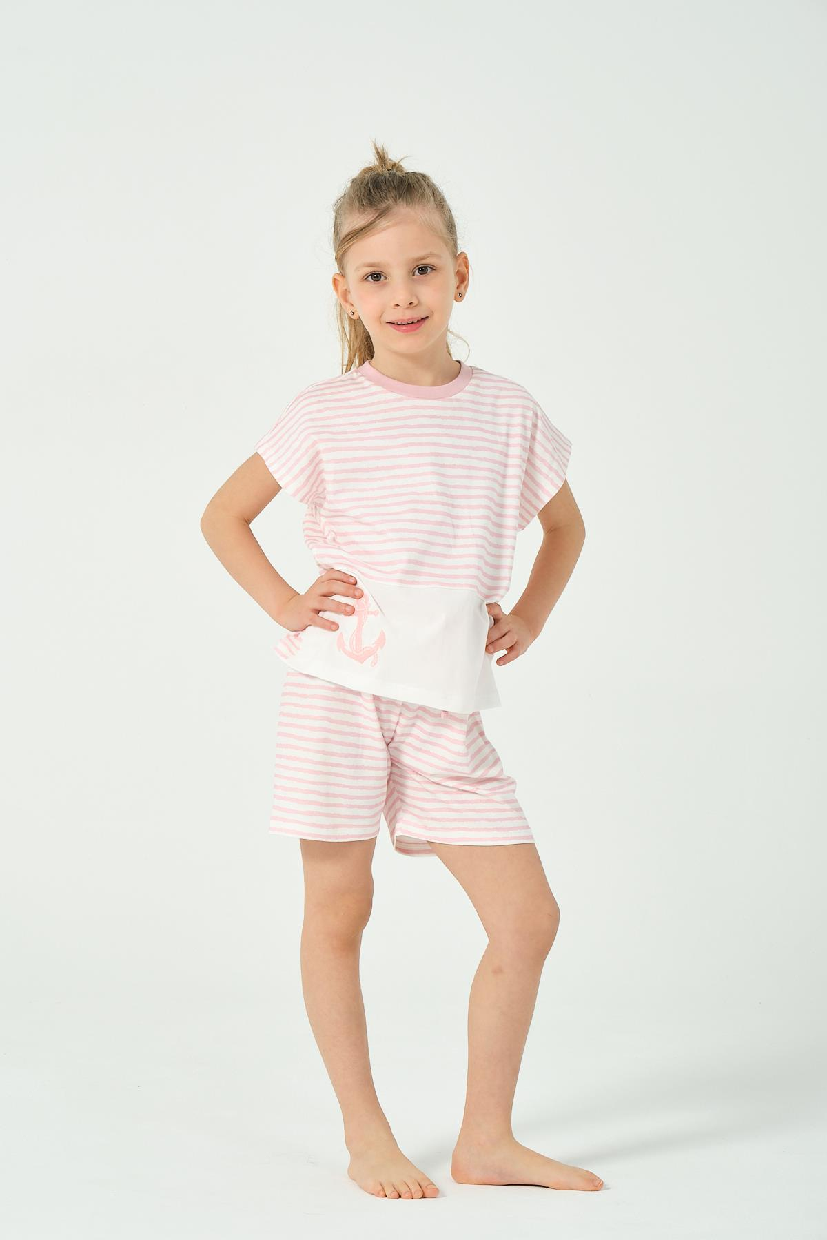 KIZ COCUK CIZGILI DESENLI NAKIS DETAYLI SORTLU PIJAMA TAKIMI 