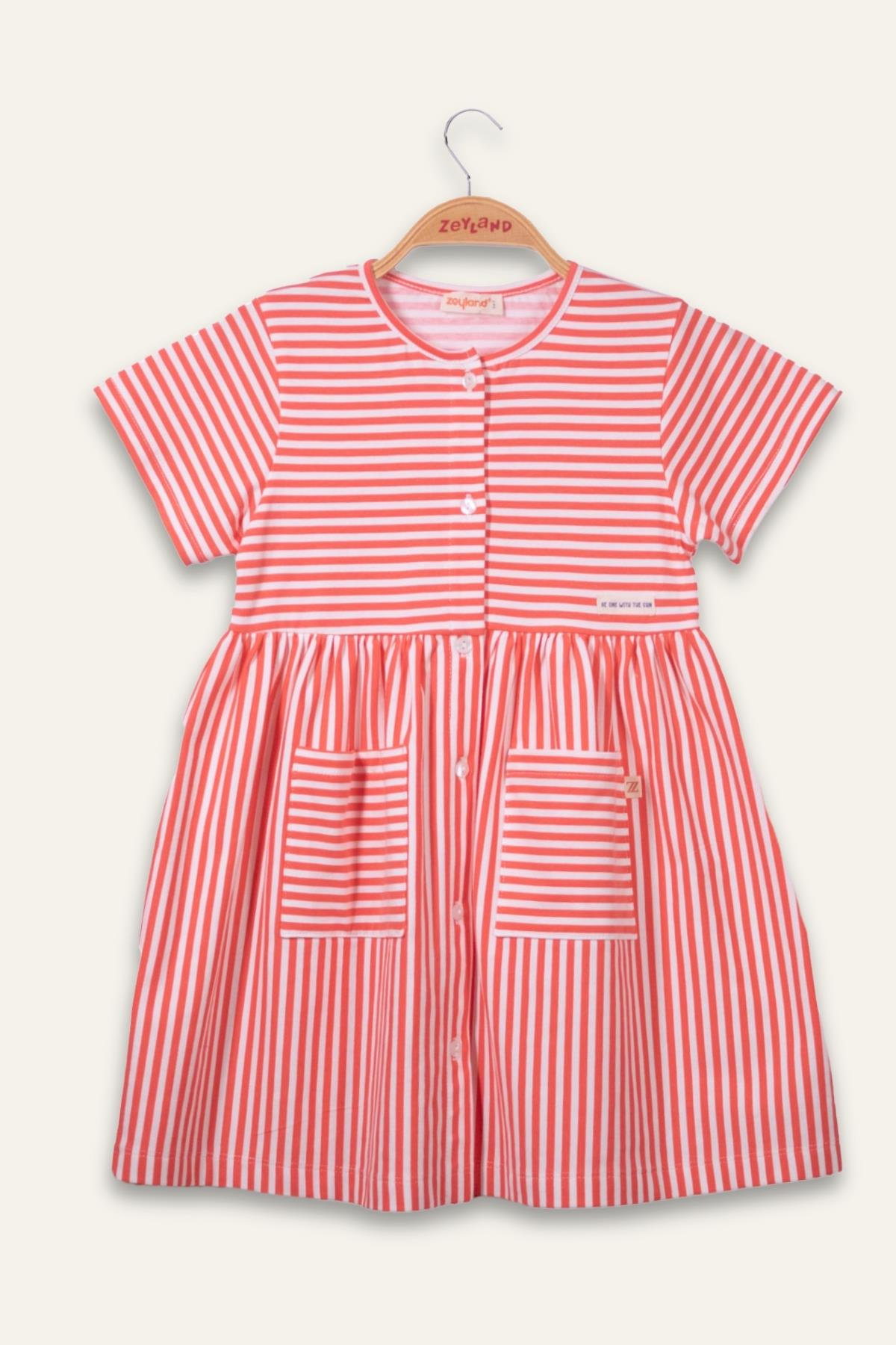 Kız Çocuk Çizgili Yarım Kol Penye Elbise - Coral Çizgili