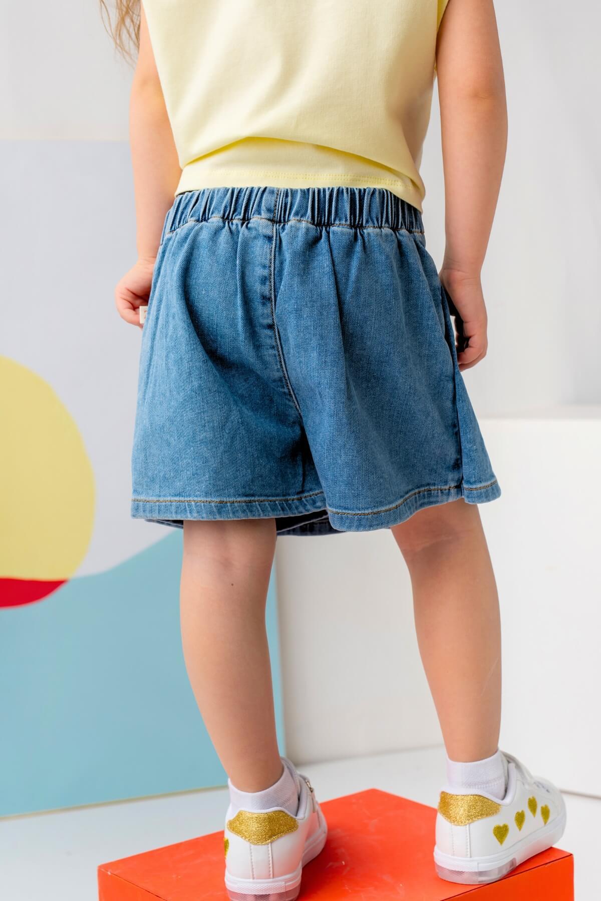 Kız Çocuk Denim Pileli Şort Etek - İndigo