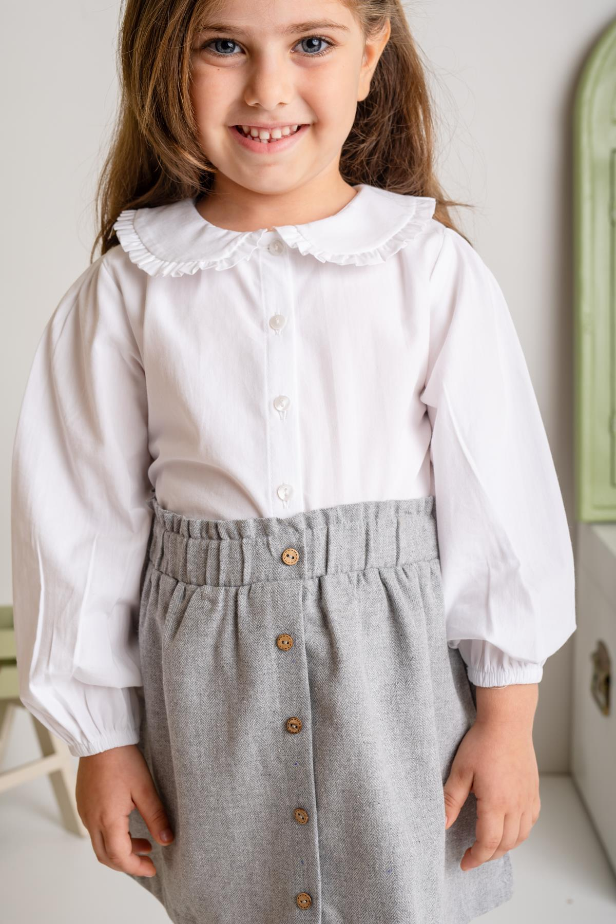 Kız Çocuk Düğme Detaylı Dokuma Etek - Gri