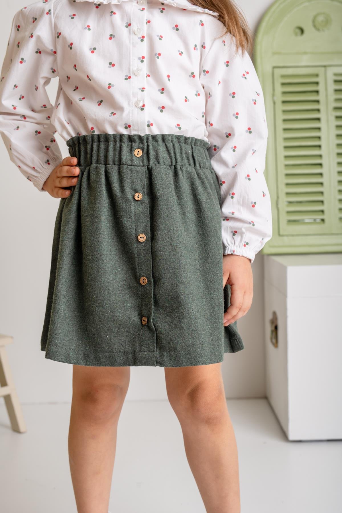 Kız Çocuk Düğme Detaylı Dokuma Etek - Yeşil