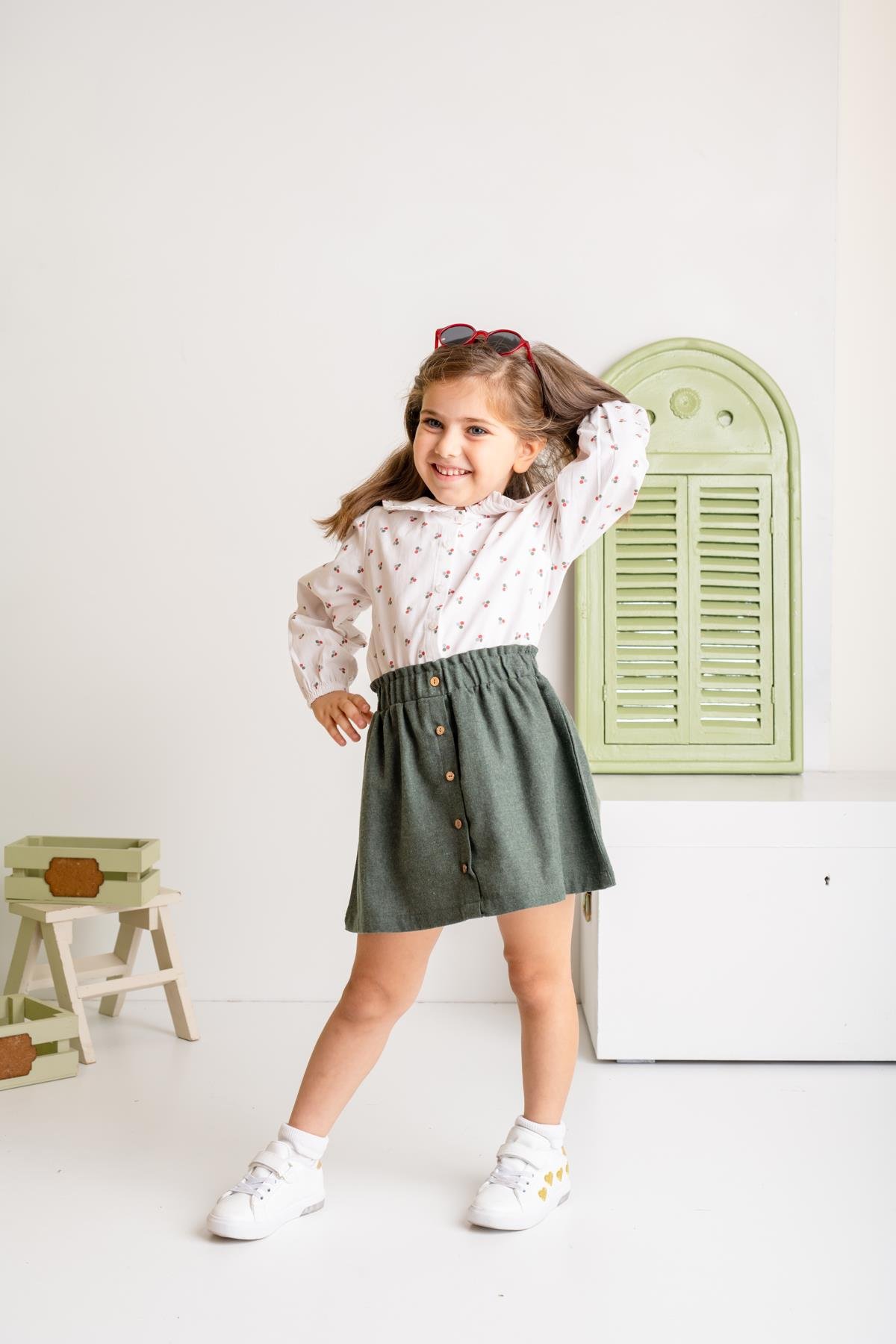 Kız Çocuk Düğme Detaylı Dokuma Etek - Yeşil