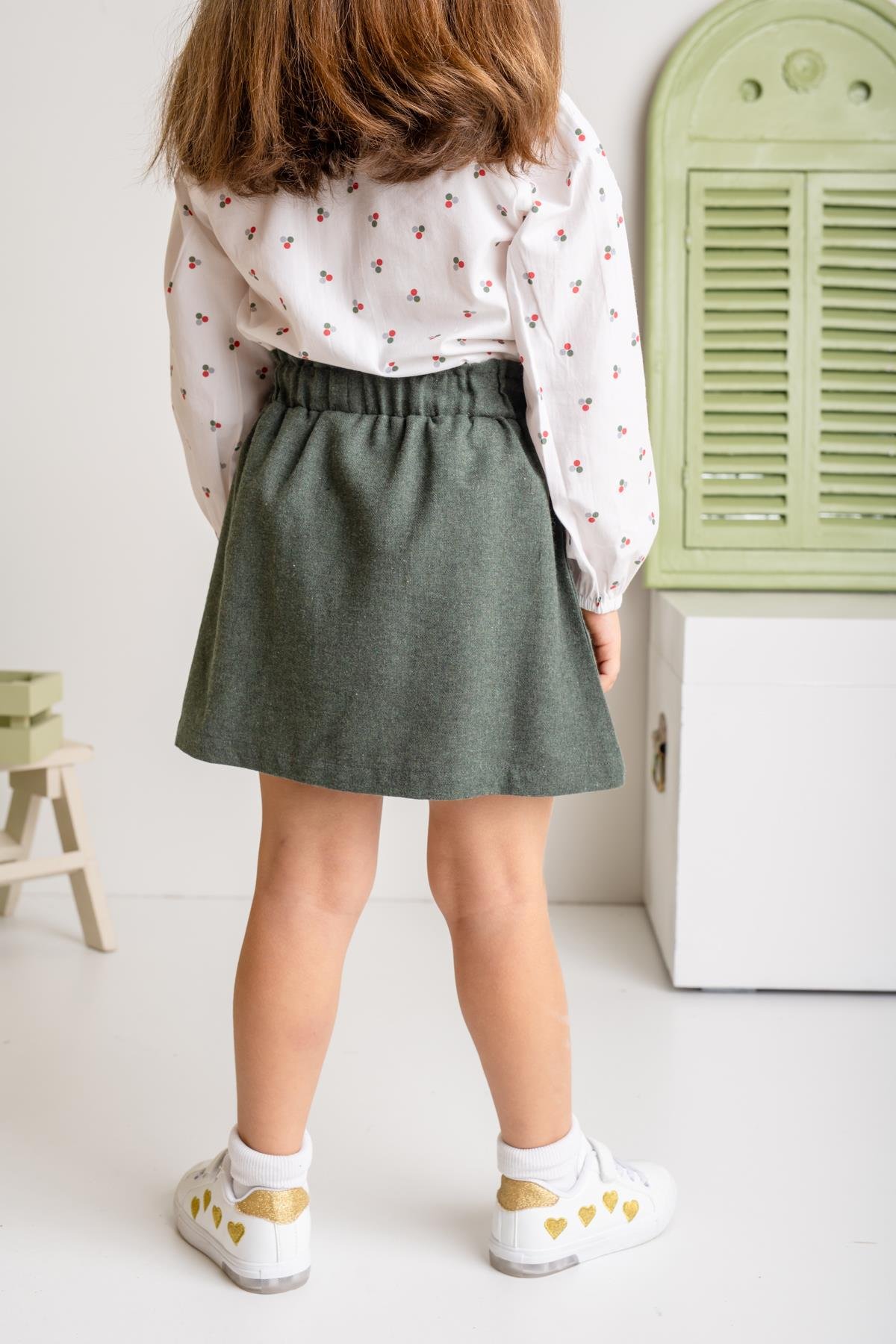 Kız Çocuk Düğme Detaylı Dokuma Etek - Yeşil