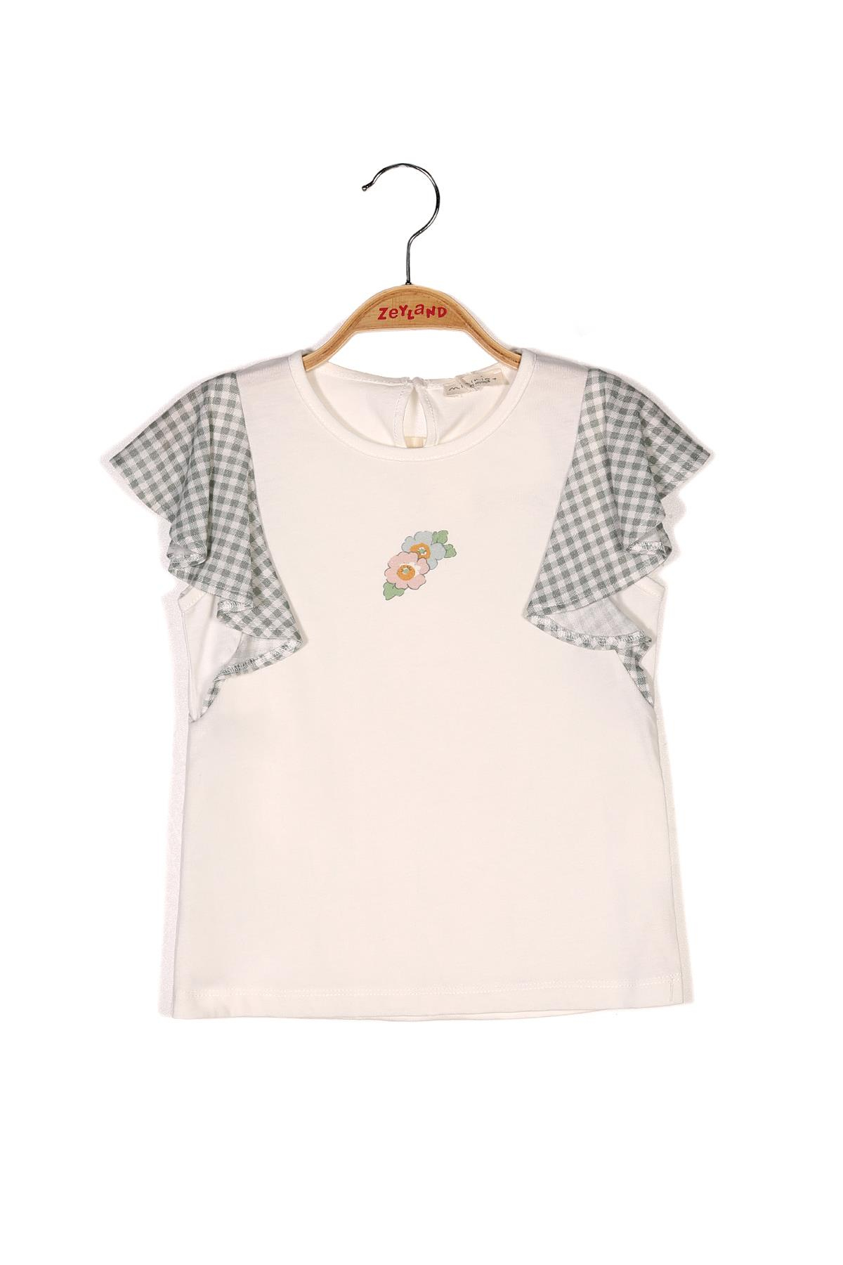 Kız Çocuk Ekru Kolları Volan Detaylı T-shirt