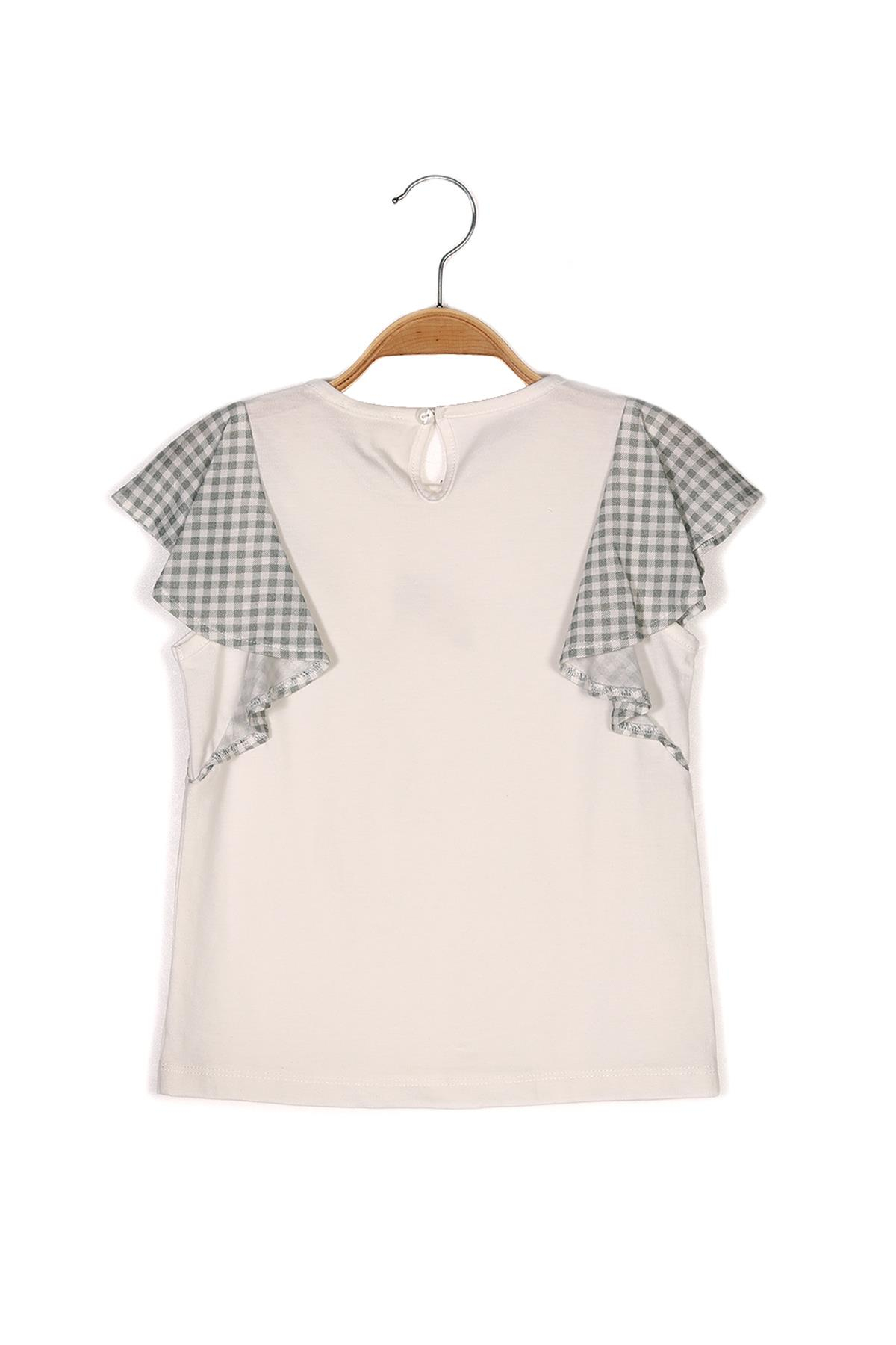 Kız Çocuk Ekru Kolları Volan Detaylı T-shirt