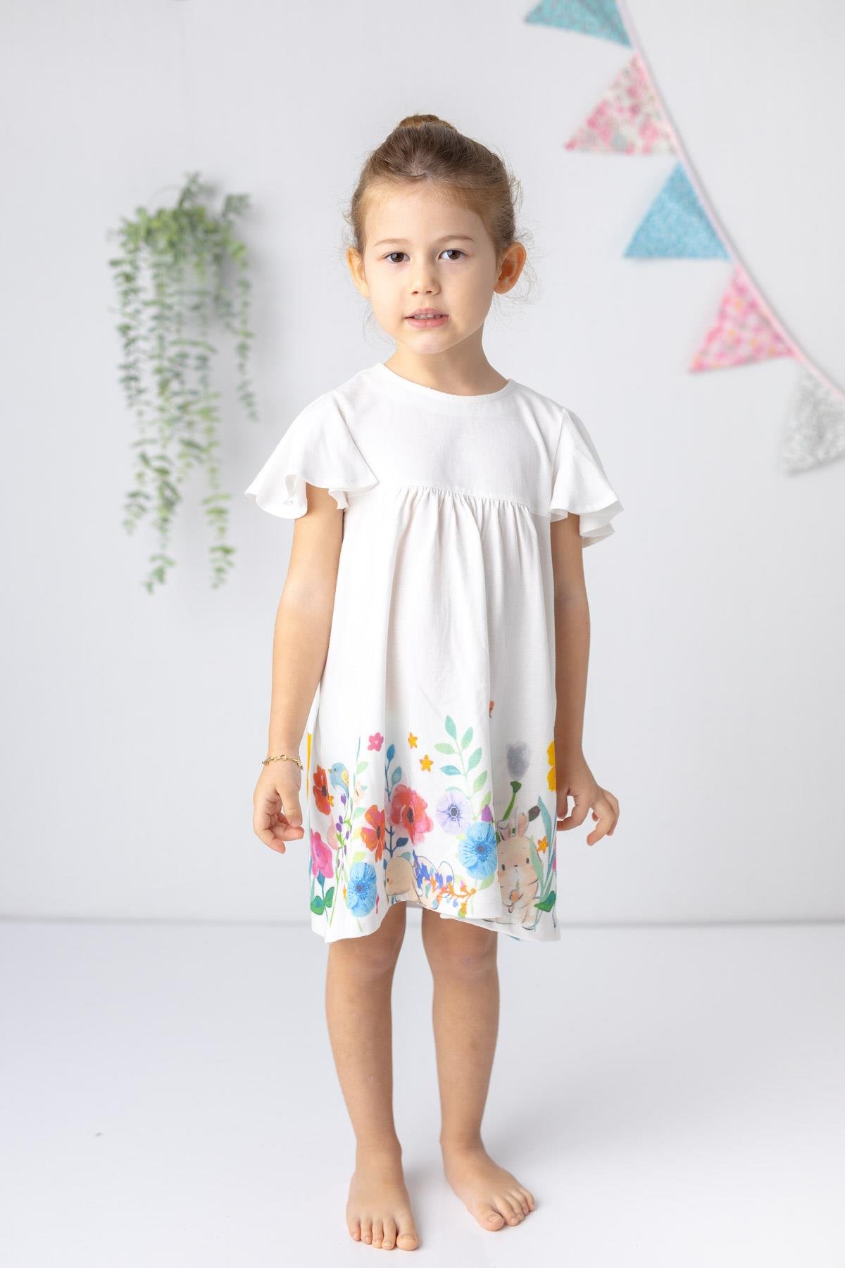 KIZ COCUK ETEK UCU CICEK DESENLI ELBISE