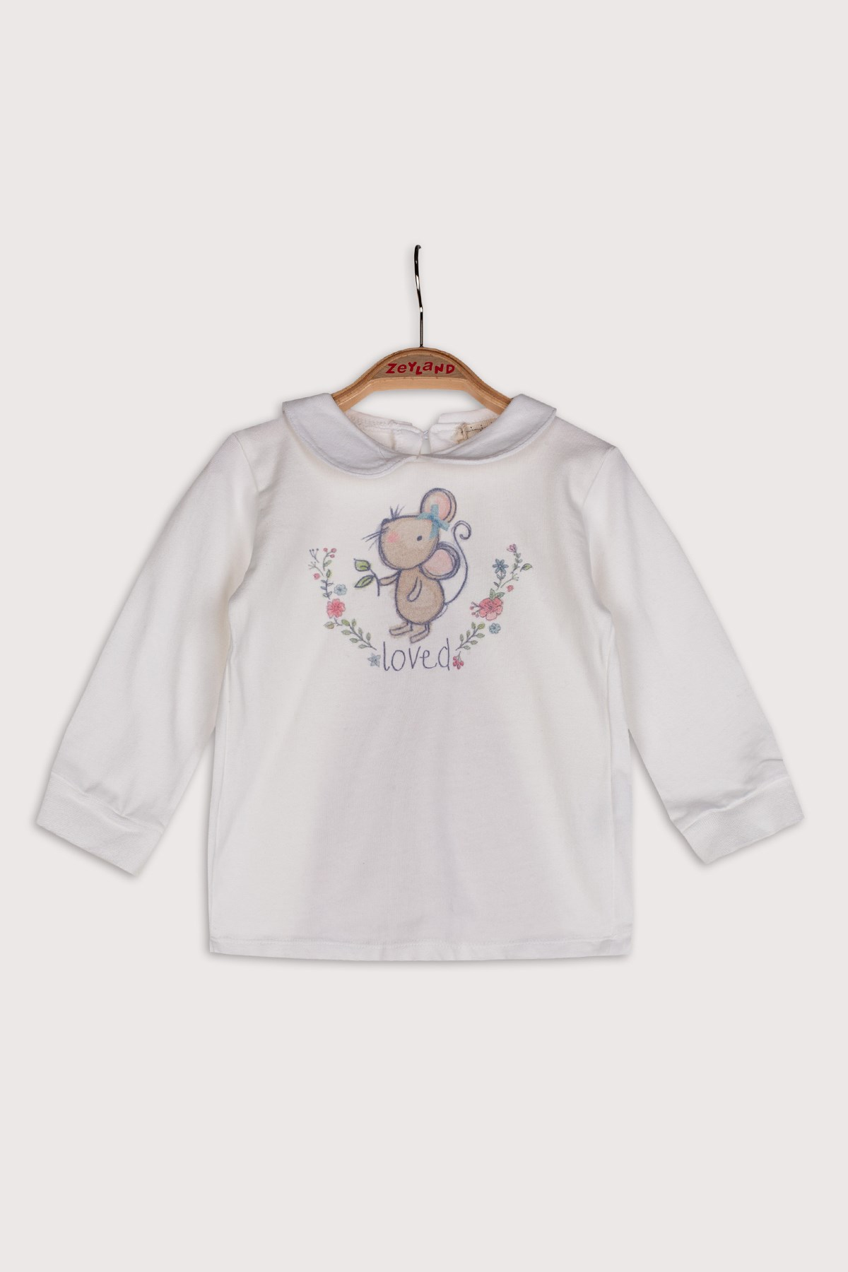 Kiz Cocuk Fare Desenli Uzun Kollu Arkadan YirtmaCli T-shirt 2Y-7Y
