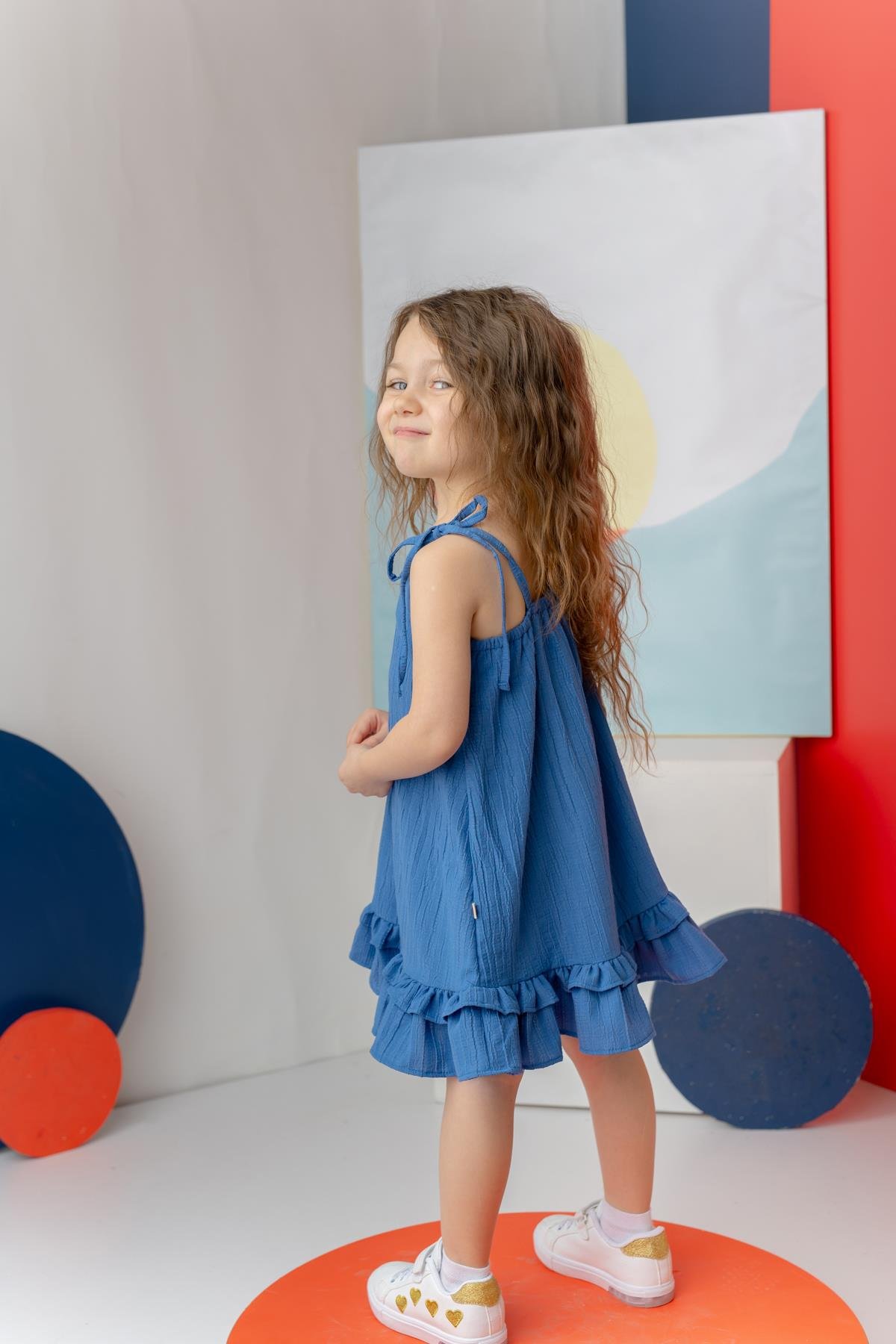 Kız Çocuk Fırfırlı Askılı Elbise - İndigo