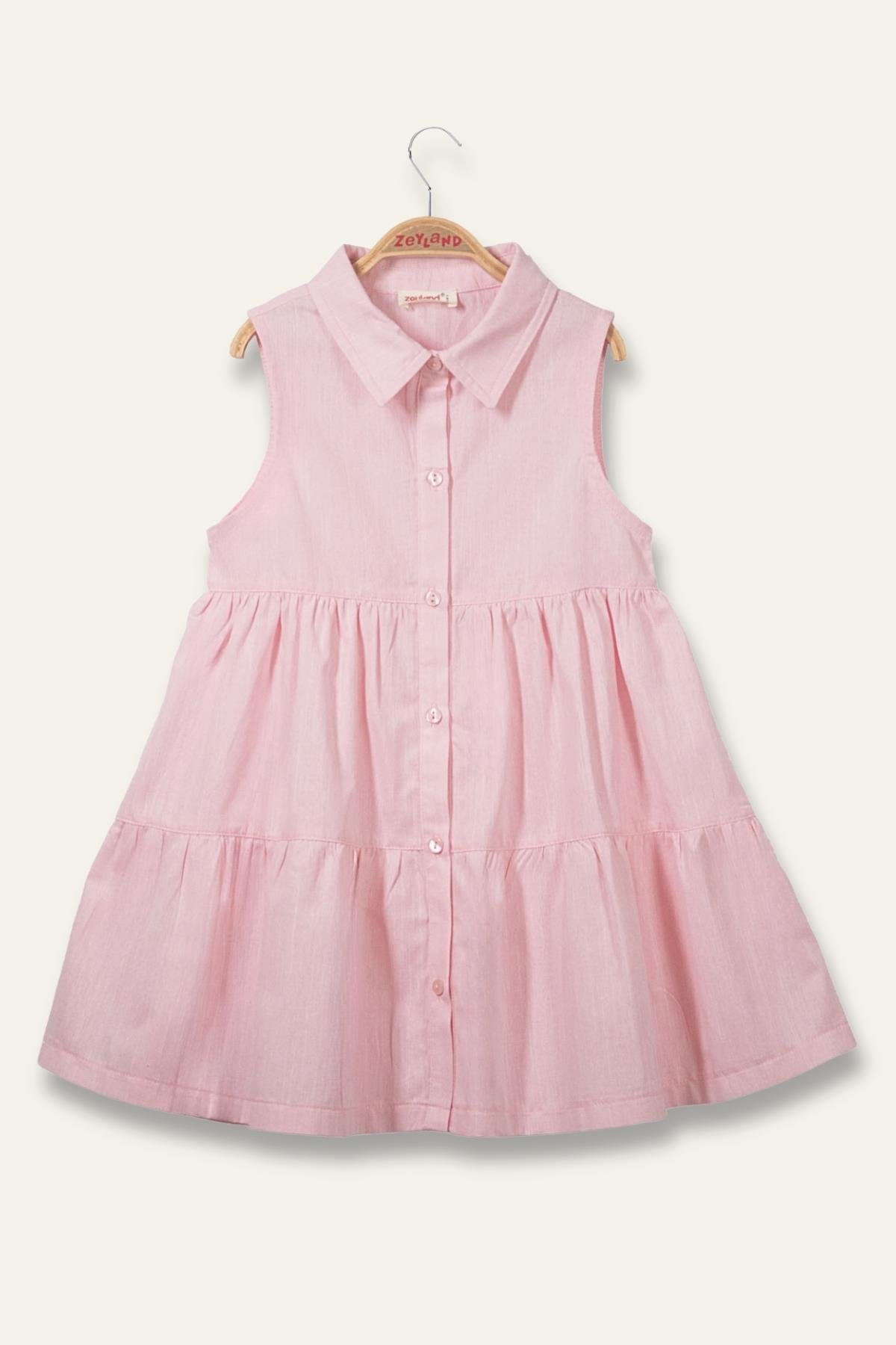 Kız Çocuk Fırfırlı Gömlek Yaka Elbise - Pembe