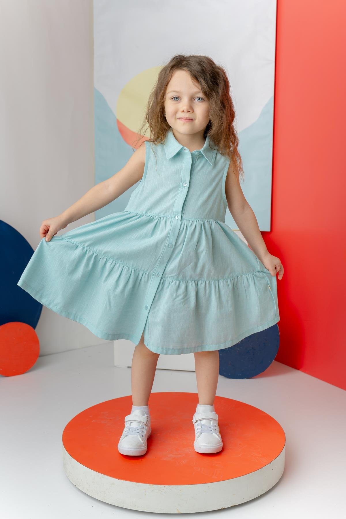 Kız Çocuk Fırfırlı Gömlek Yaka Elbise - Mint