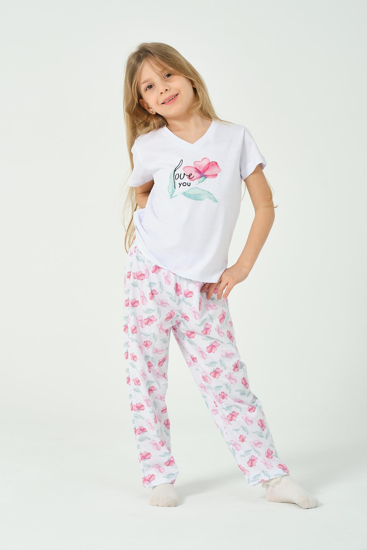 KIZ COCUK FUSYA CICEK BASKILI KISA KOLLU PIJAMA TAKIMI 