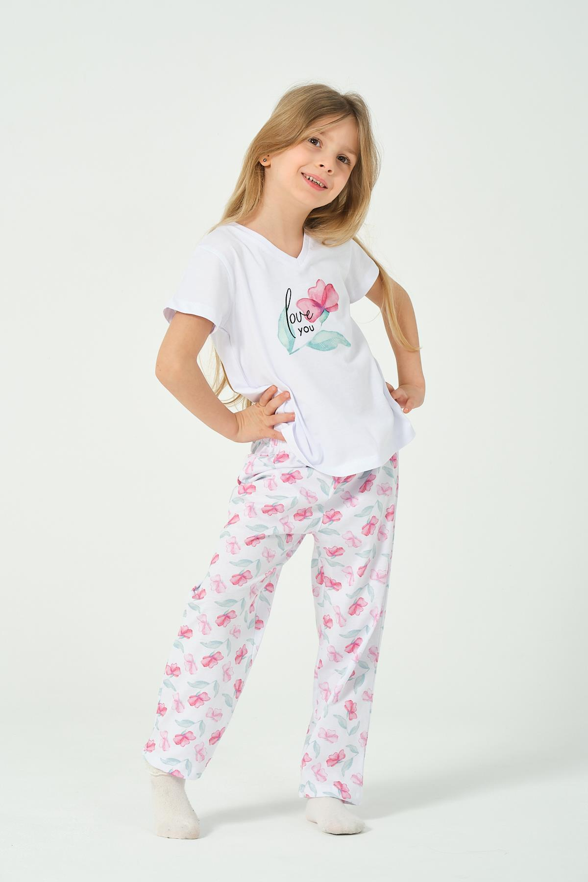 KIZ COCUK FUSYA CICEK BASKILI KISA KOLLU PIJAMA TAKIMI 