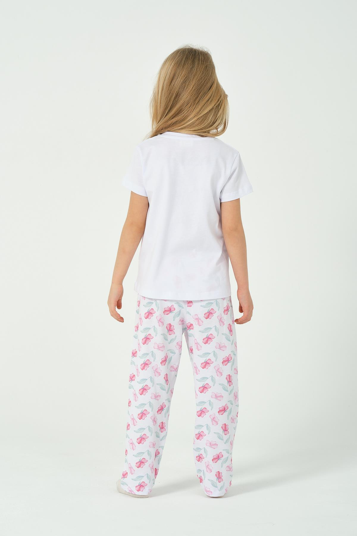 KIZ COCUK FUSYA CICEK BASKILI KISA KOLLU PIJAMA TAKIMI 