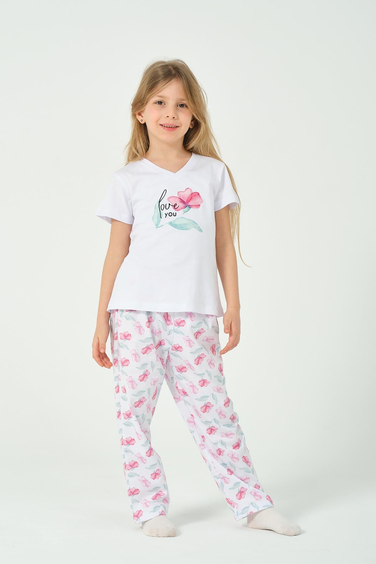 KIZ COCUK FUSYA CICEK BASKILI KISA KOLLU PIJAMA TAKIMI 