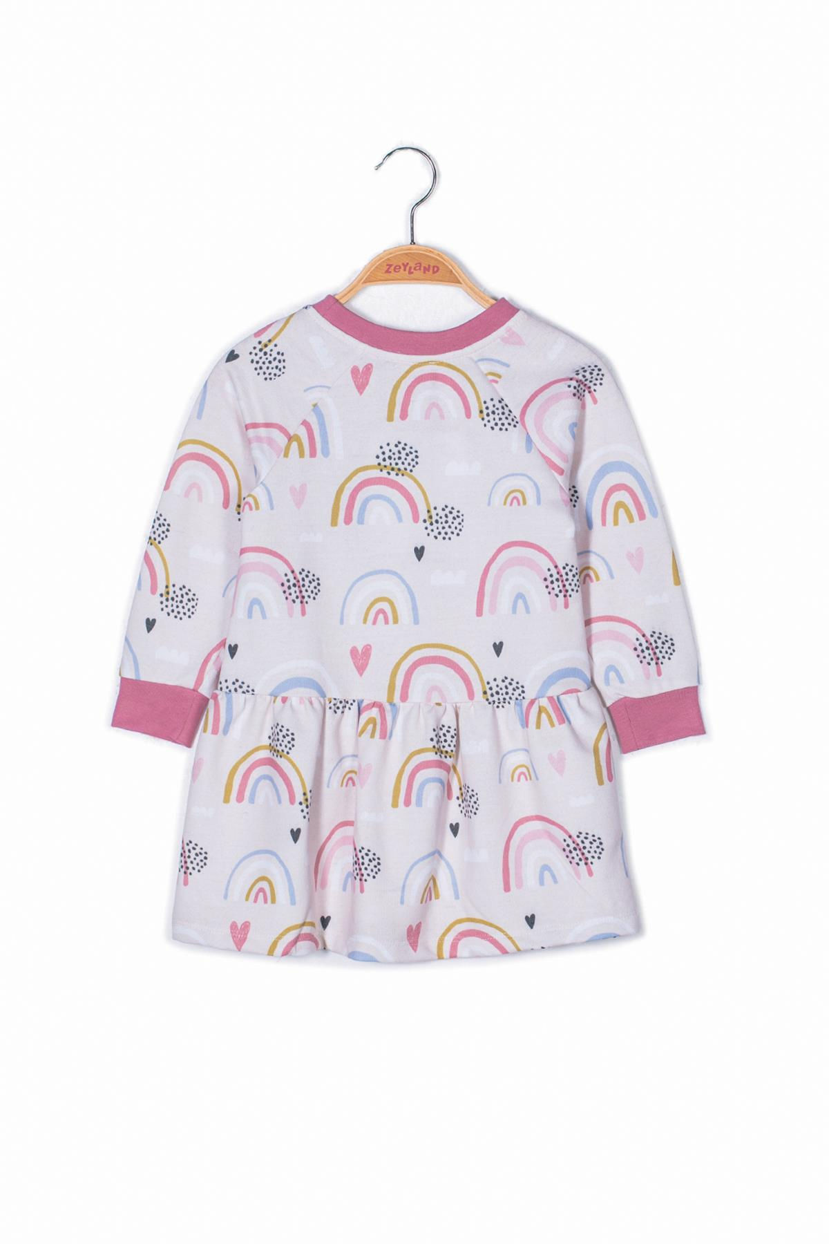 Kız Çocuk Gökkuşağı Baskılı Uzun Kollu Örme Elbise