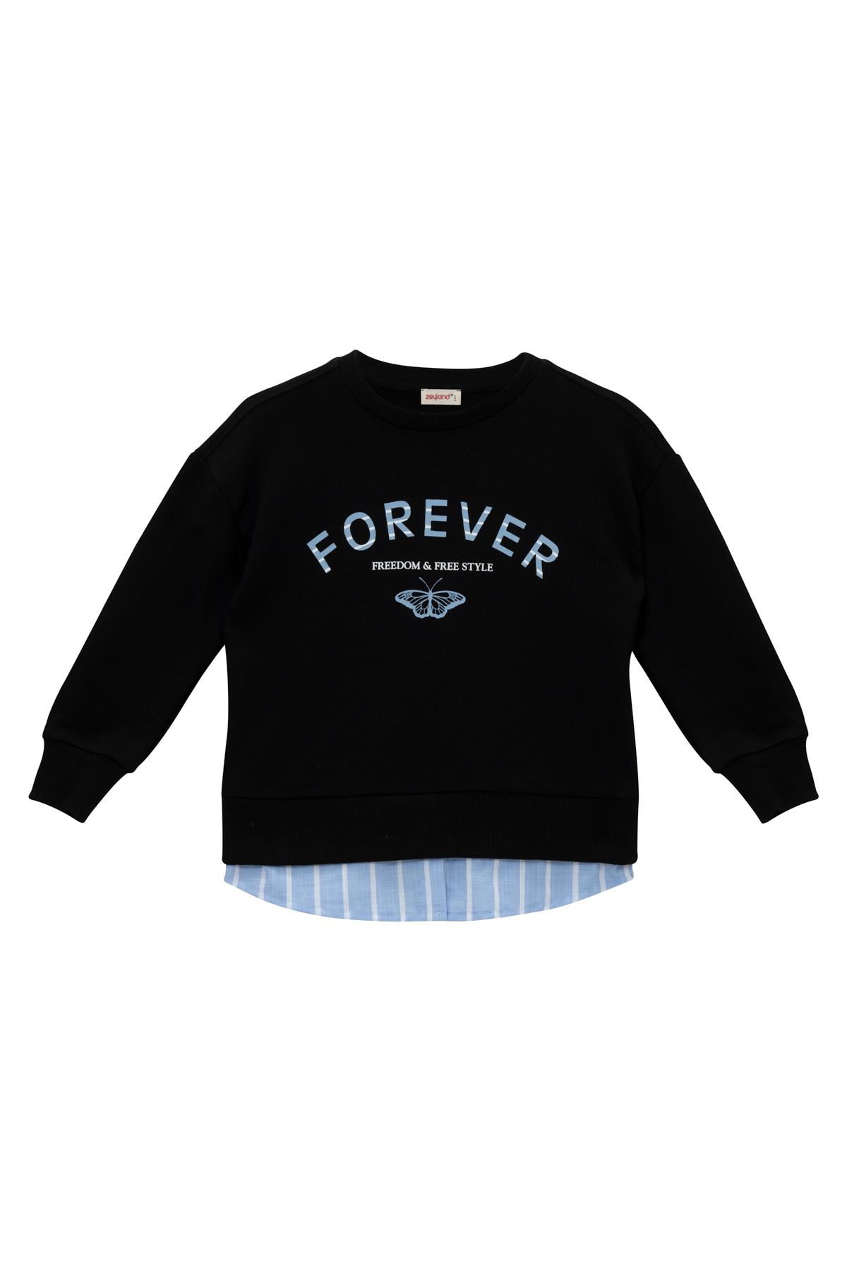 Kız Çocuk Gömlek Detaylı Baskılı Sweatshirt - Siyah
