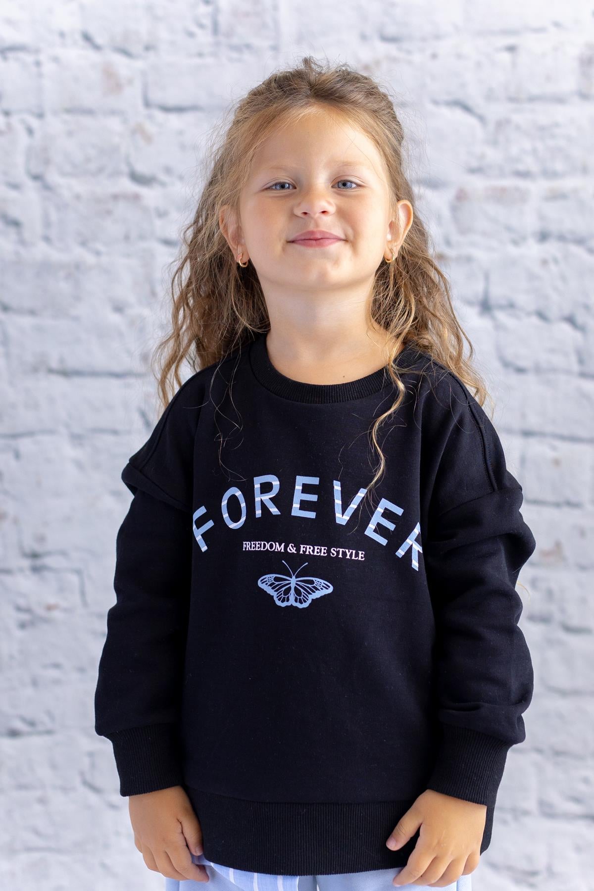 Kız Çocuk Gömlek Detaylı Baskılı Sweatshirt - Siyah