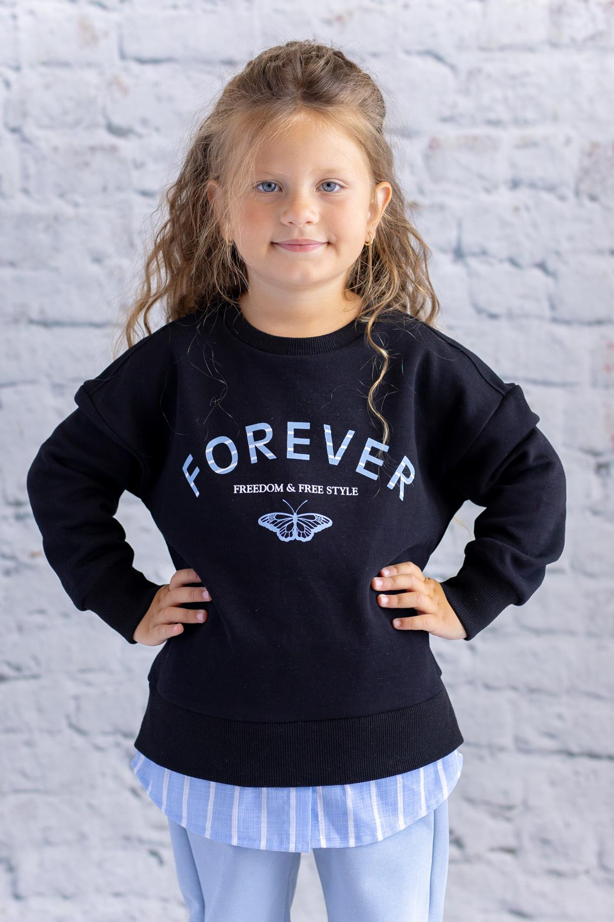 Kız Çocuk Gömlek Detaylı Baskılı Sweatshirt - Siyah
