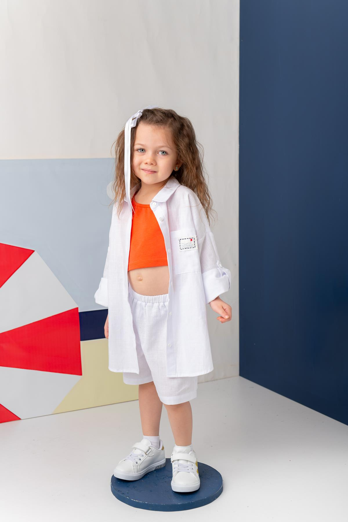 Kız Çocuk Gömlek Şort Takım - Beyaz