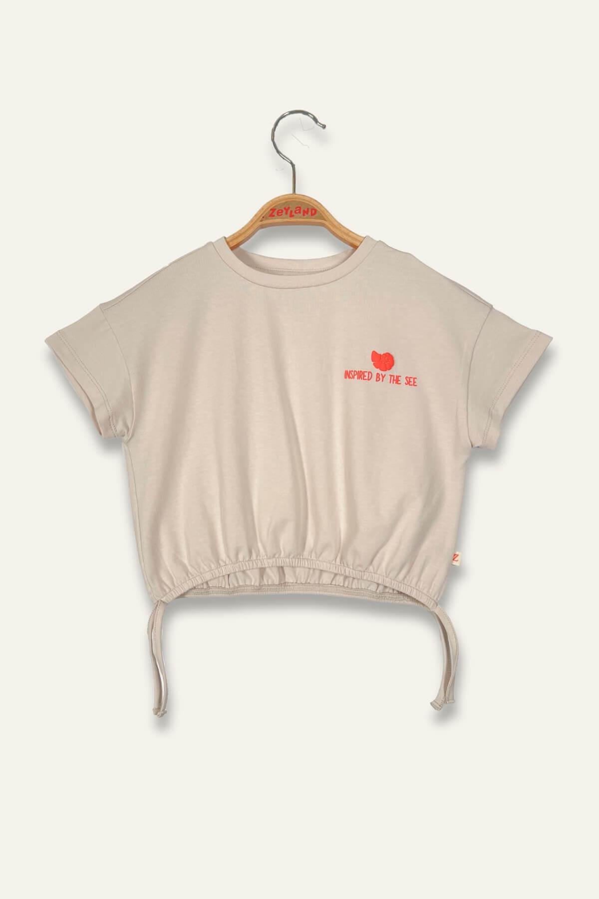 Kız Çocuk Hawai Baskılı Crop T-Shirt - Taş Rengi