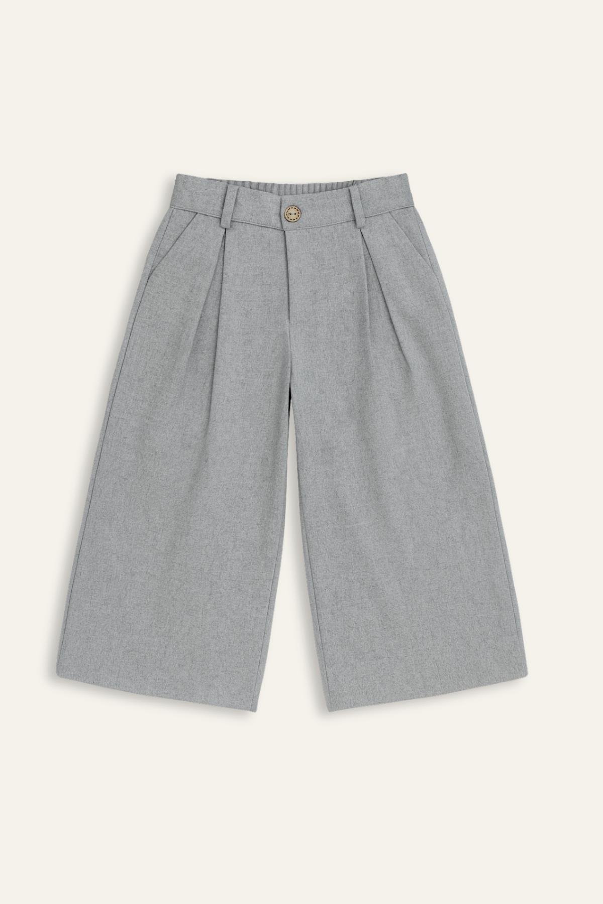 Kız Çocuk İnce Kaşe Pileli Bol Pantolon - Gri