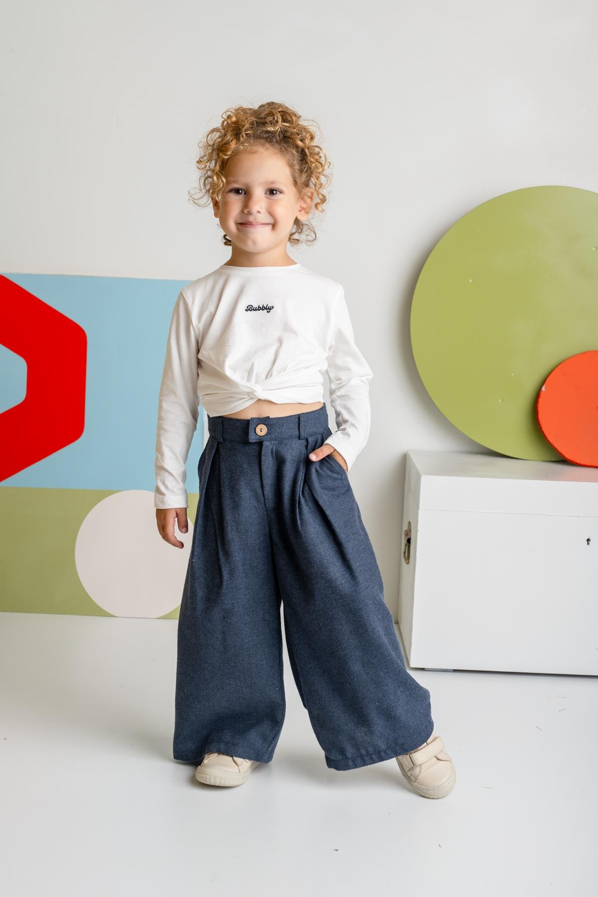 Kız Çocuk İnce Kaşe Pileli Bol Pantolon - Lacivert