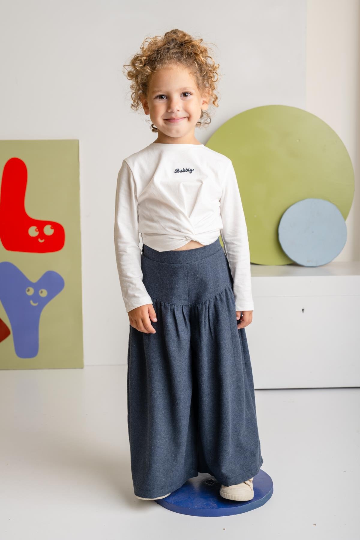 Kız Çocuk İnce Kaşe Pileli Bol Pantolon - Lacivert