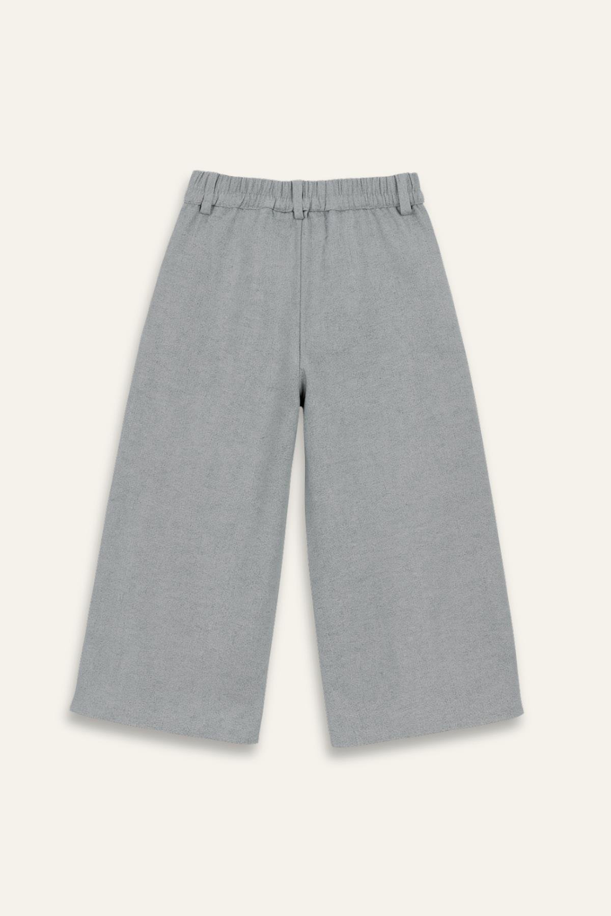 Kız Çocuk İnce Kaşe Pileli Bol Pantolon - Gri