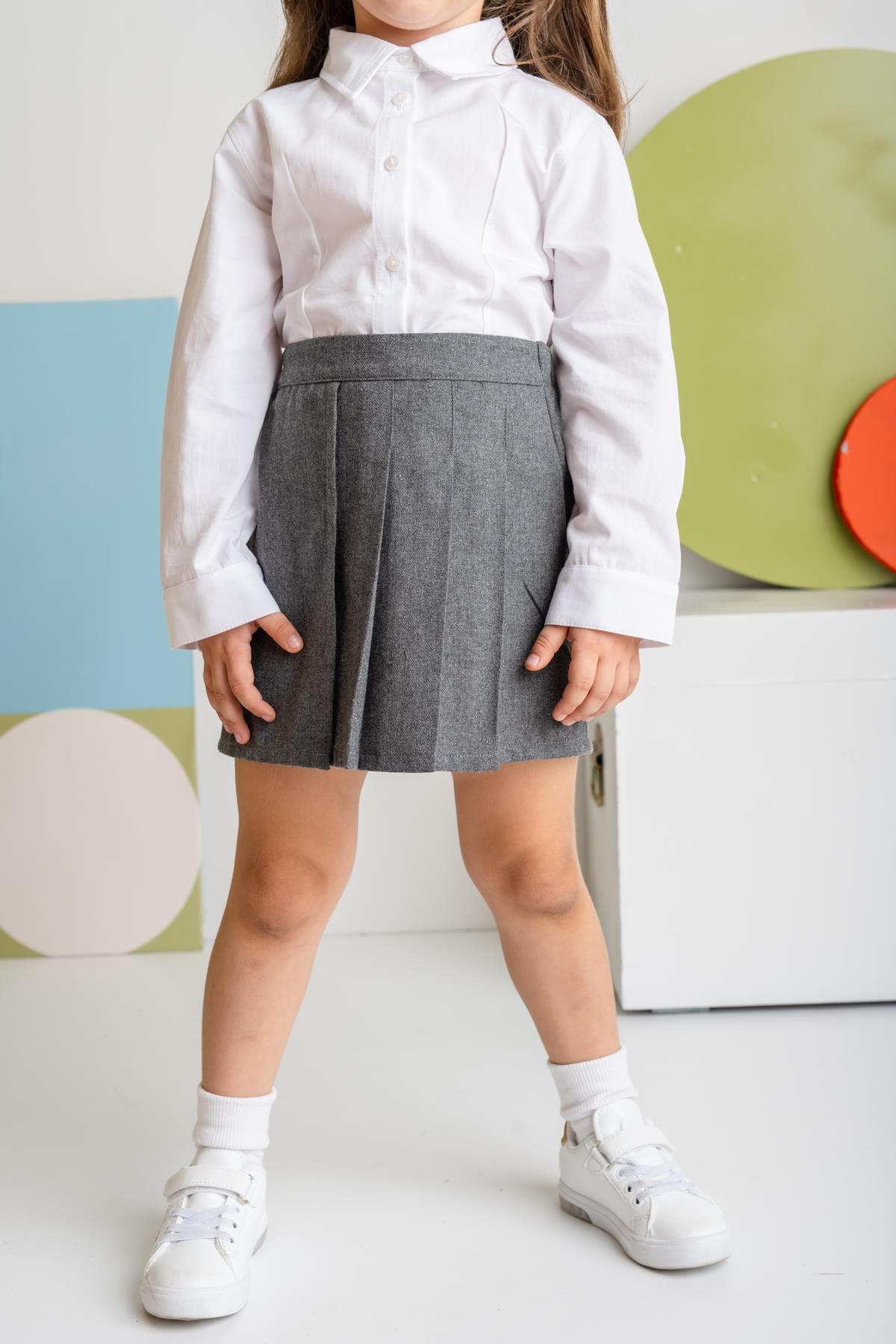 Kız Çocuk İnce Kaşe Pileli Etek - Fume