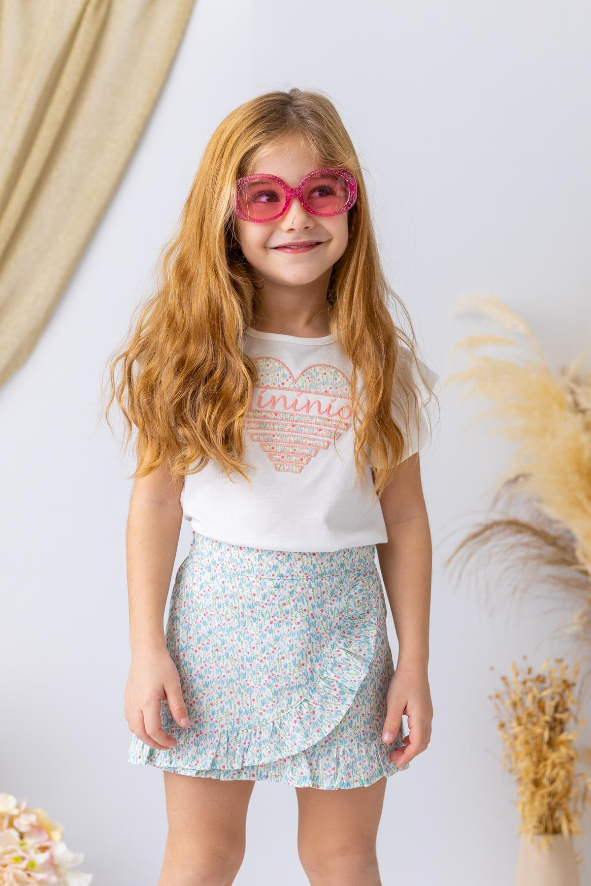 Kız Çocuk Kalp Nakışlı T-shirt - Ekru