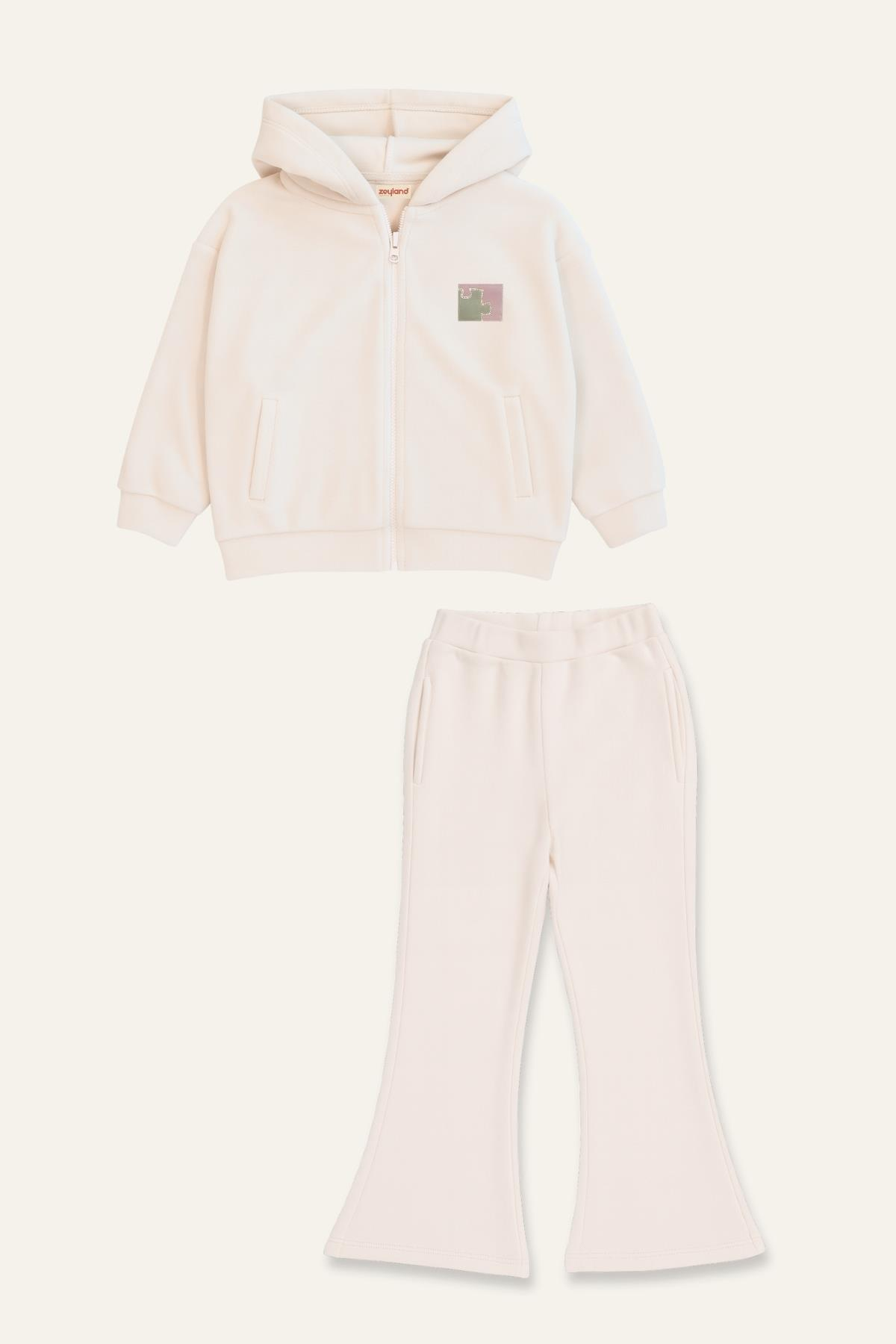 Kız Çocuk Kapşonlu Fermuarlı Polar İkili Takım - Krem
