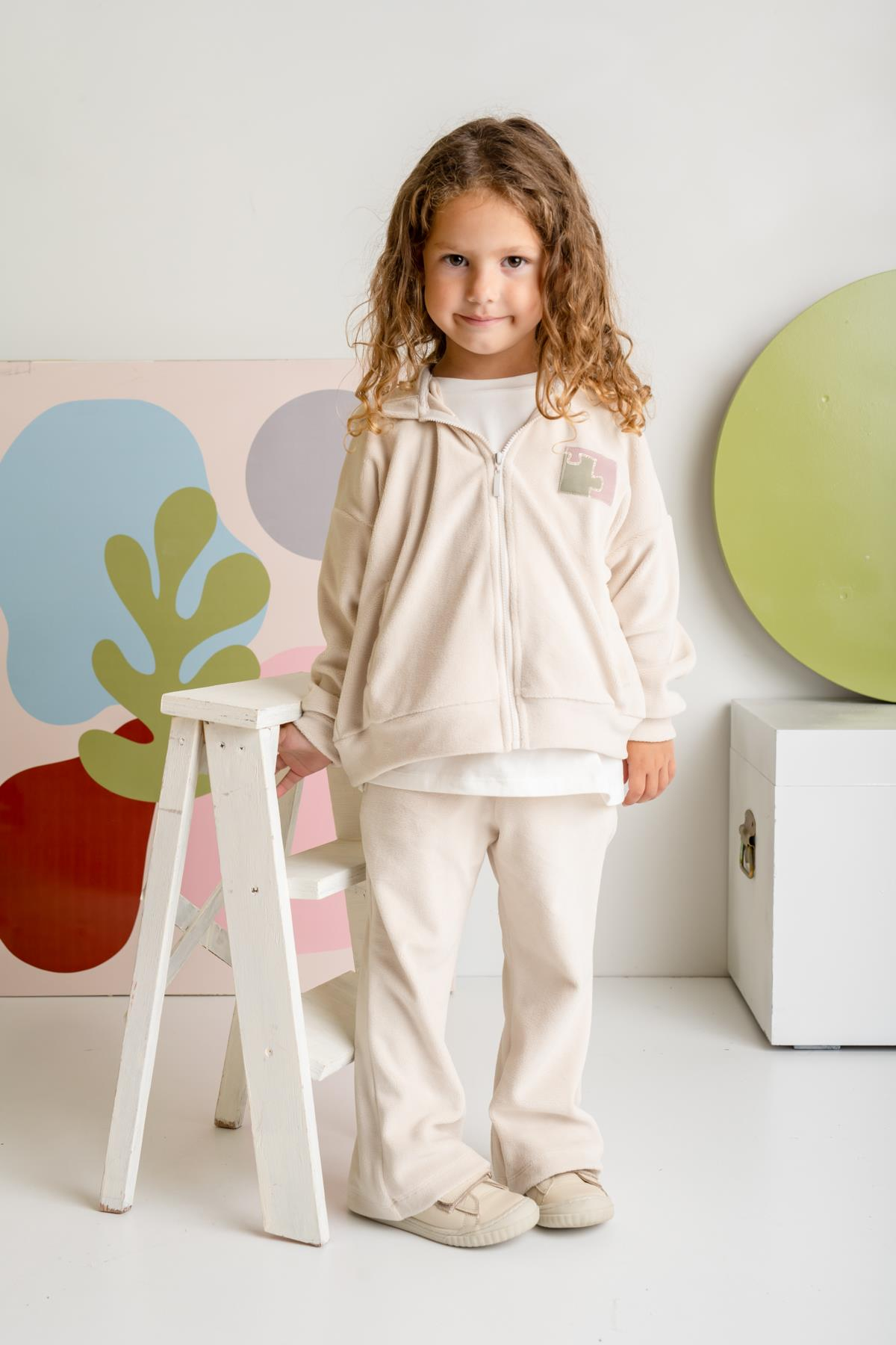 Kız Çocuk Kapşonlu Fermuarlı Polar İkili Takım - Krem