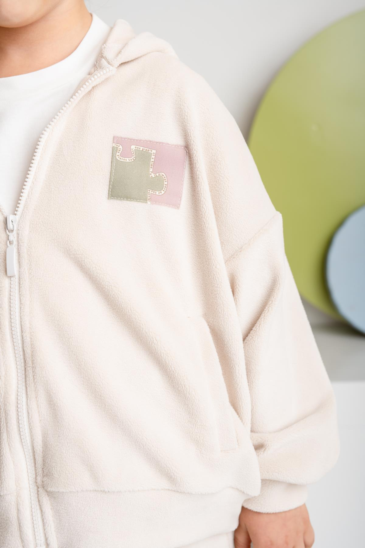 Kız Çocuk Kapşonlu Fermuarlı Polar İkili Takım - Krem