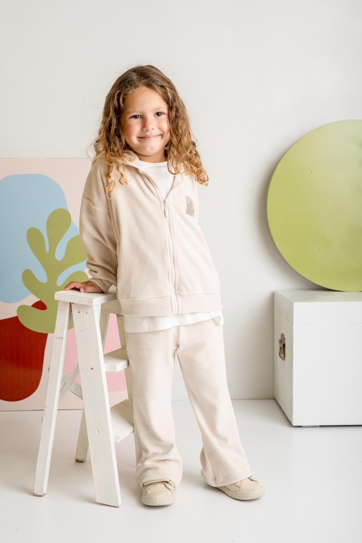 Kız Çocuk Kapşonlu Fermuarlı Polar İkili Takım - Krem