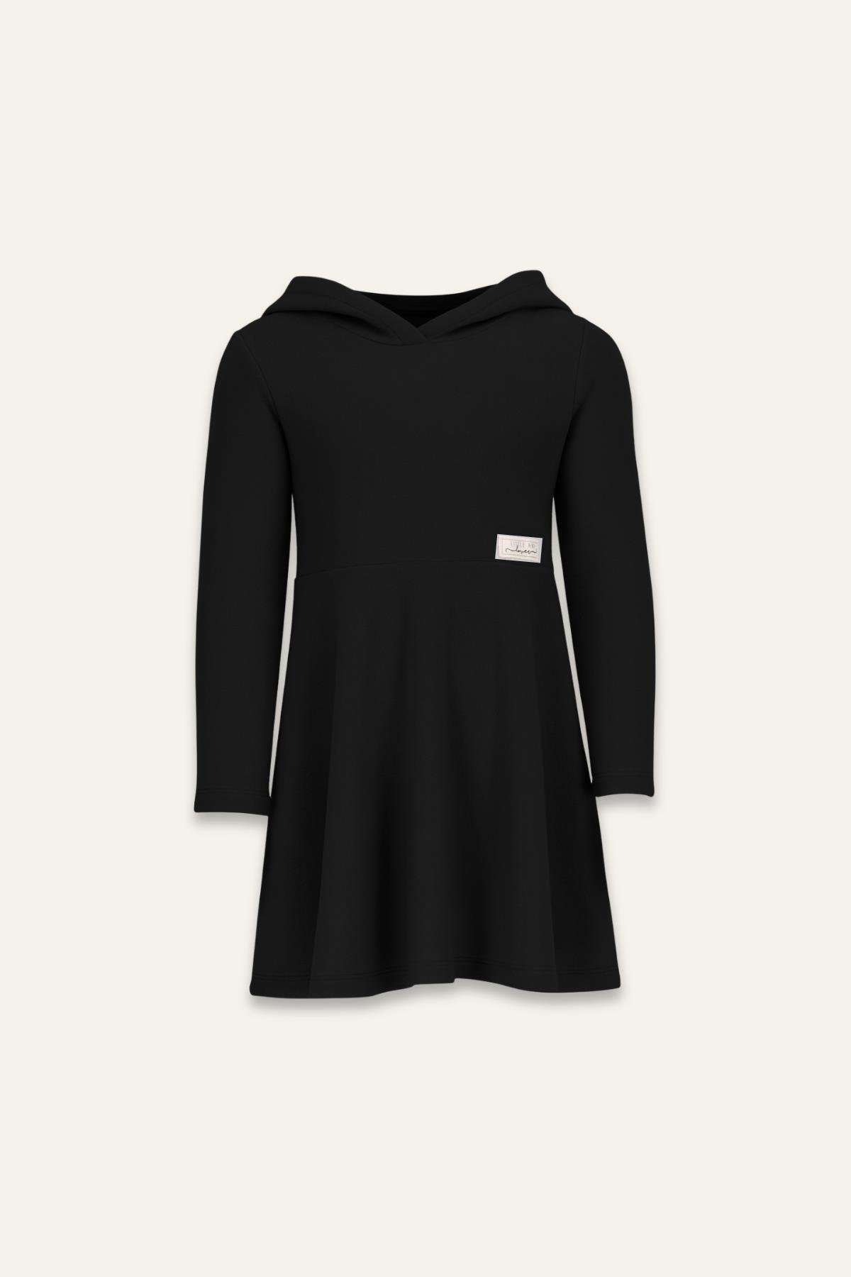 Kız Çocuk Kapşonlu Yumoş Elbise - Siyah