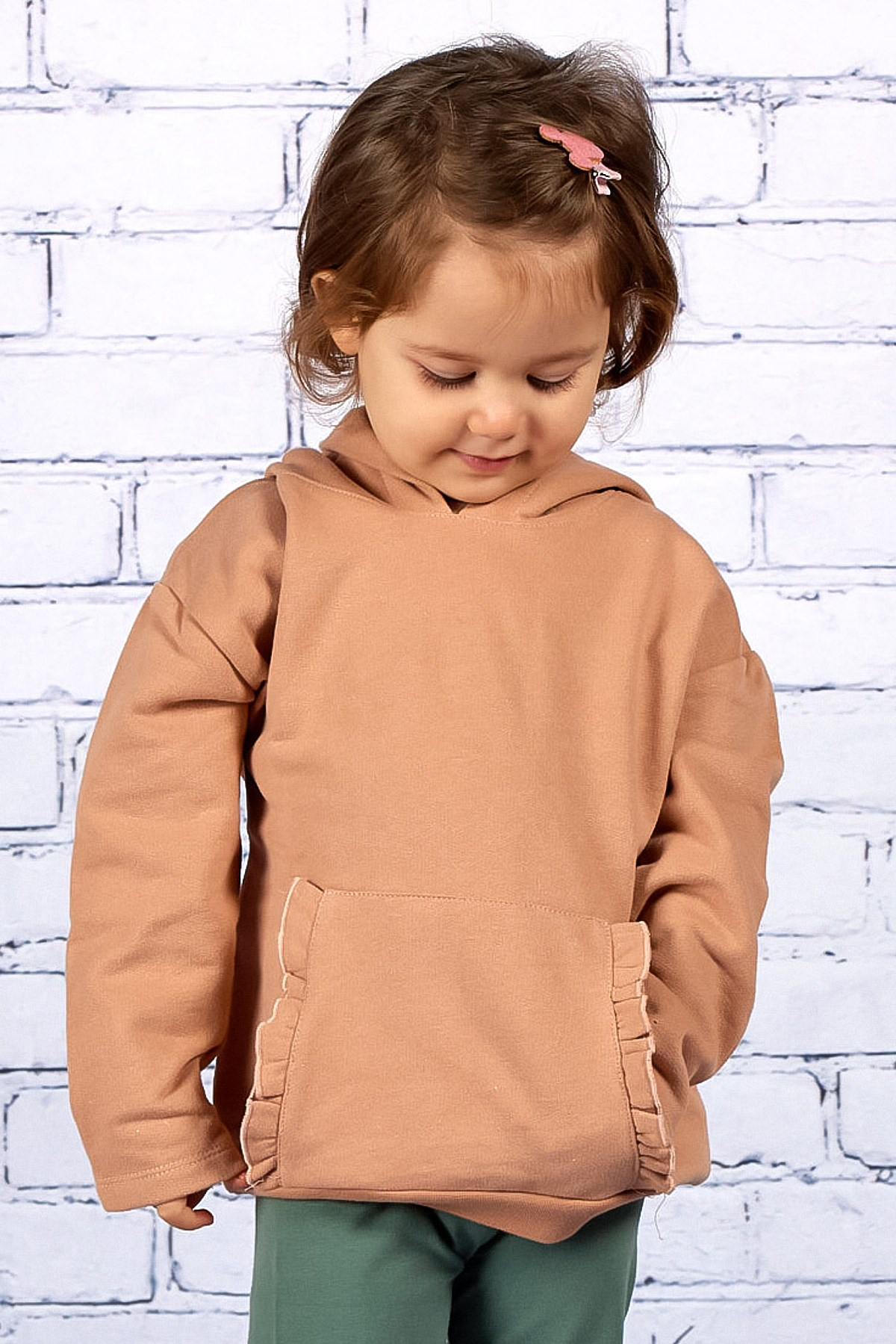 Kız Çocuk Kapüşonlu Cepleri Fırfır Detaylı Sweatshirt (2-7yaş)