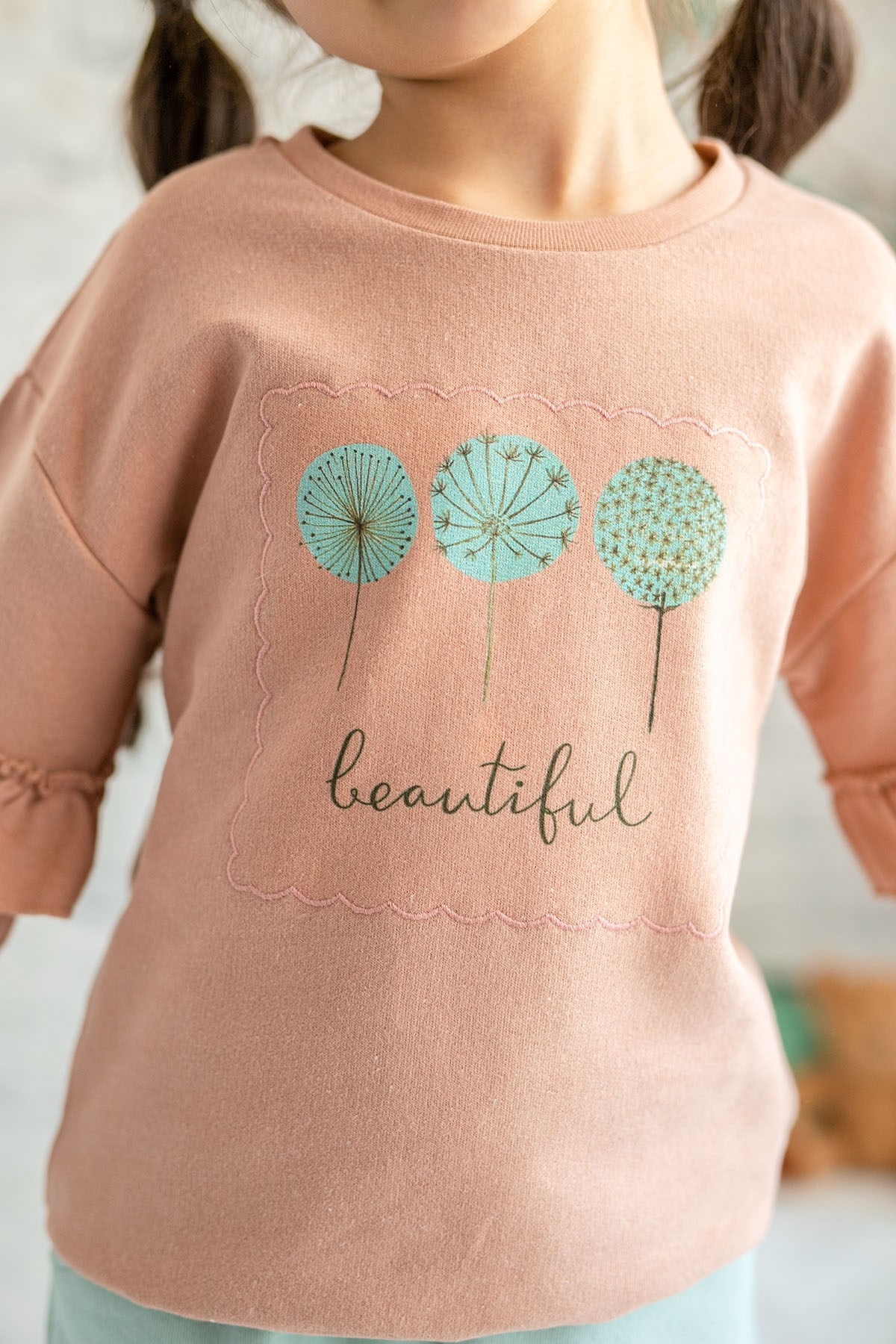 Kız Çocuk Kolları Fırfırlı Beautiful Baskılı Sweatshirt (2-7yaş)