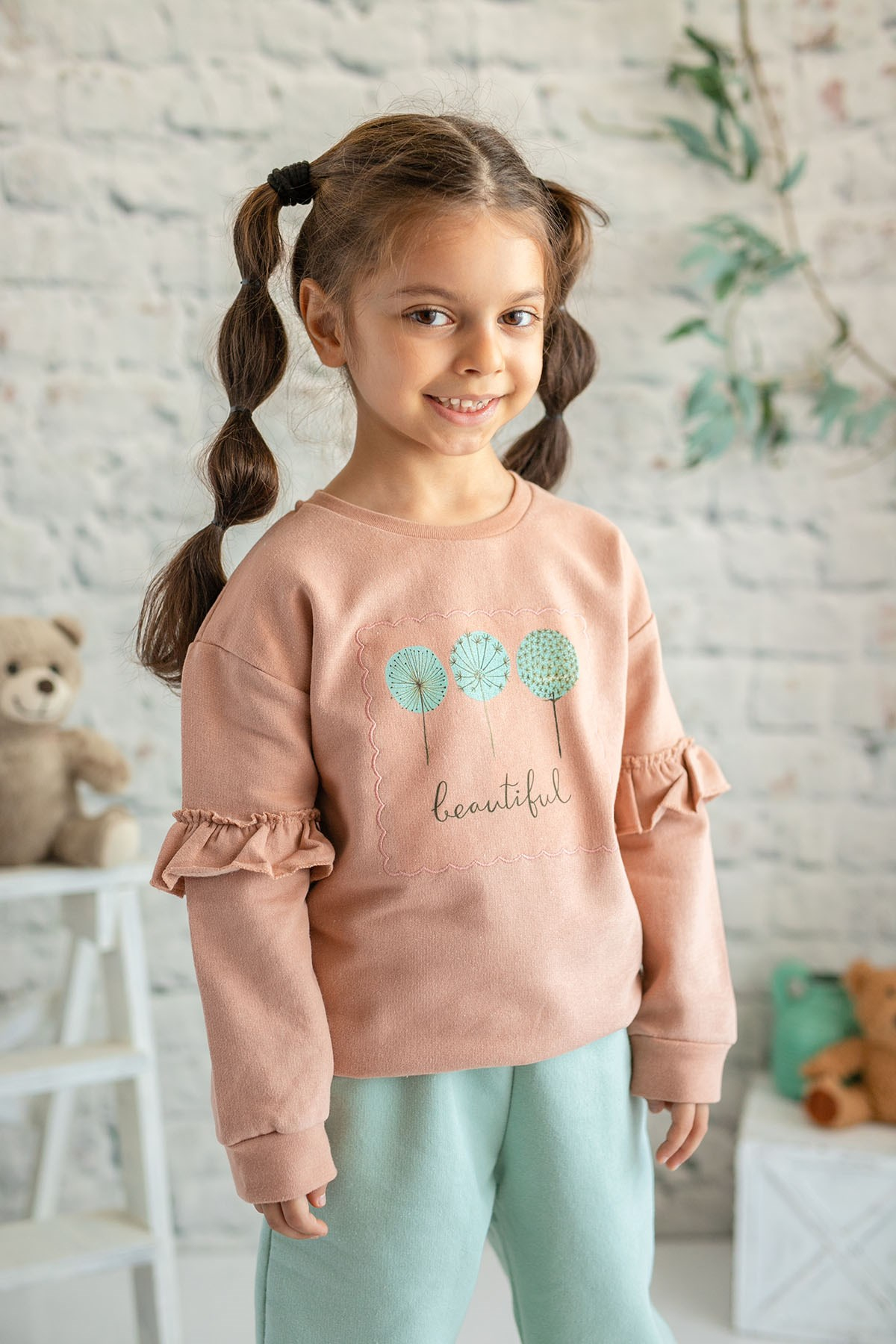 Kız Çocuk Kolları Fırfırlı Beautiful Baskılı Sweatshirt (2-7yaş)