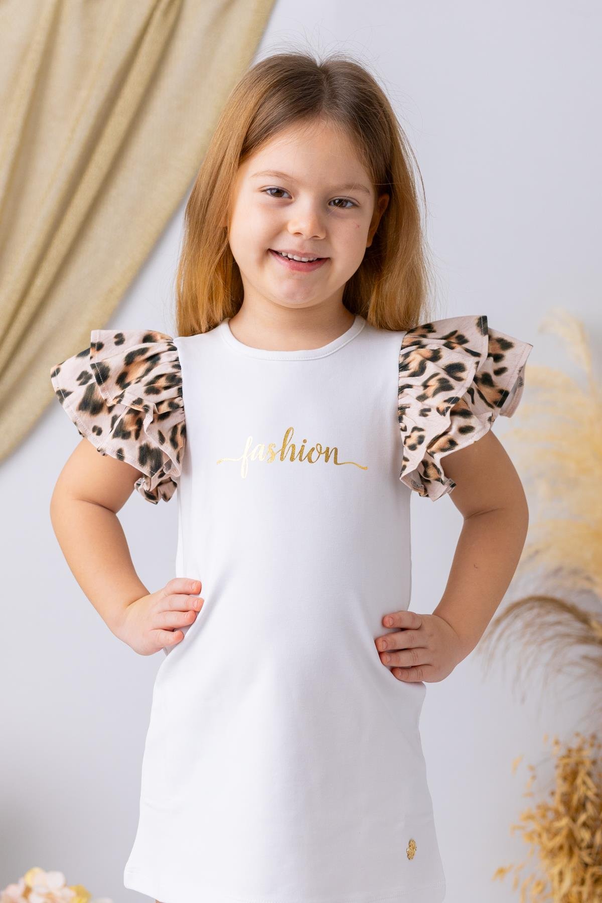 Kız Çocuk Kolları Volanlı Elbise - Beyaz