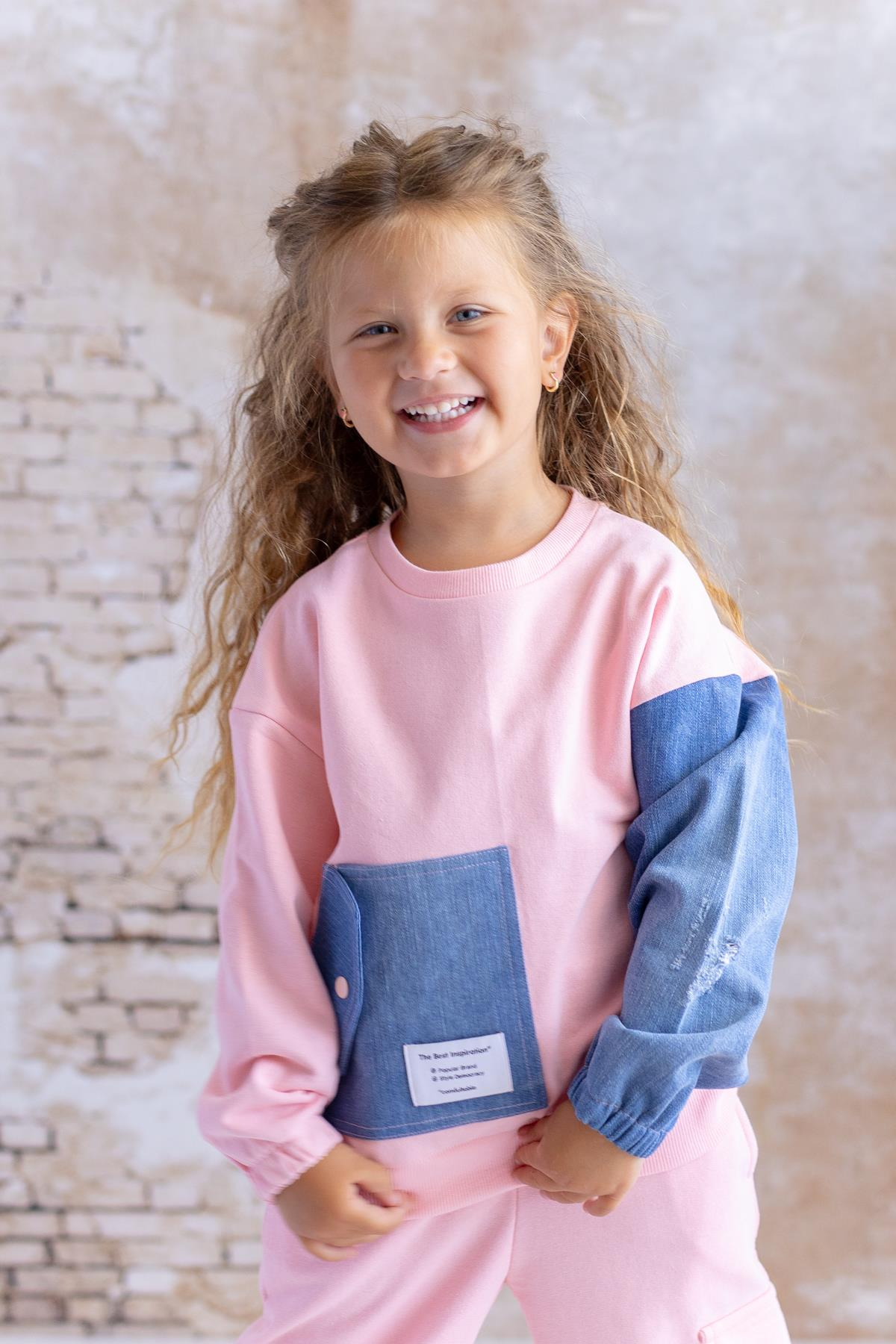 Kız Çocuk Kot Garnili Cep Detaylı Sweatshirt - Pembe